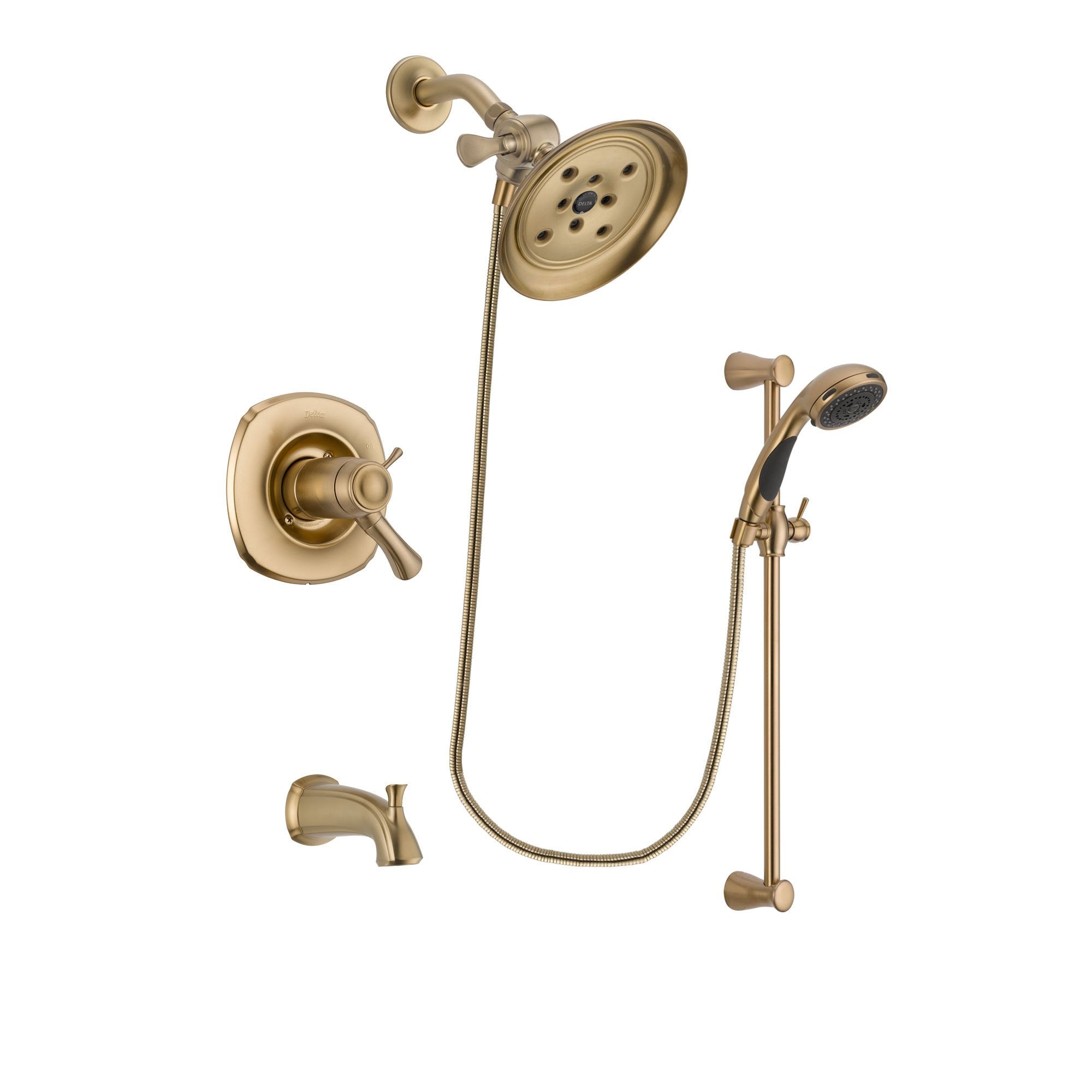 Delta Addison Champagne Bronze Thermostatic Tub and Shower Faucet System with Rain Shower Head, Handheld Sprayer & Slide Bar - Complete Package with Rough-in Valve & Tub Spout DSP3477V - Perfect for Luxury Bathroom Renovations & Spa-Like Shower Experience