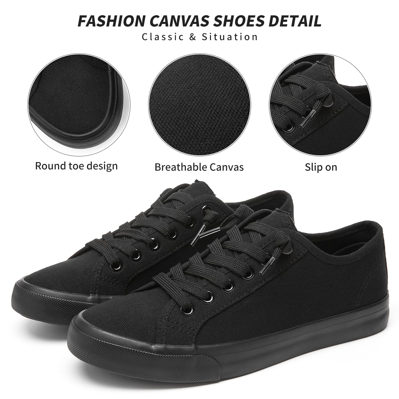 Women's Slip-On Canvas Sneakers - Non-Slip Casual Loafers with Lace-Up Design | White & Black Low Top Fashion Shoes for Everyday Wear | Perfect for Walking, Travel & Office Outfits