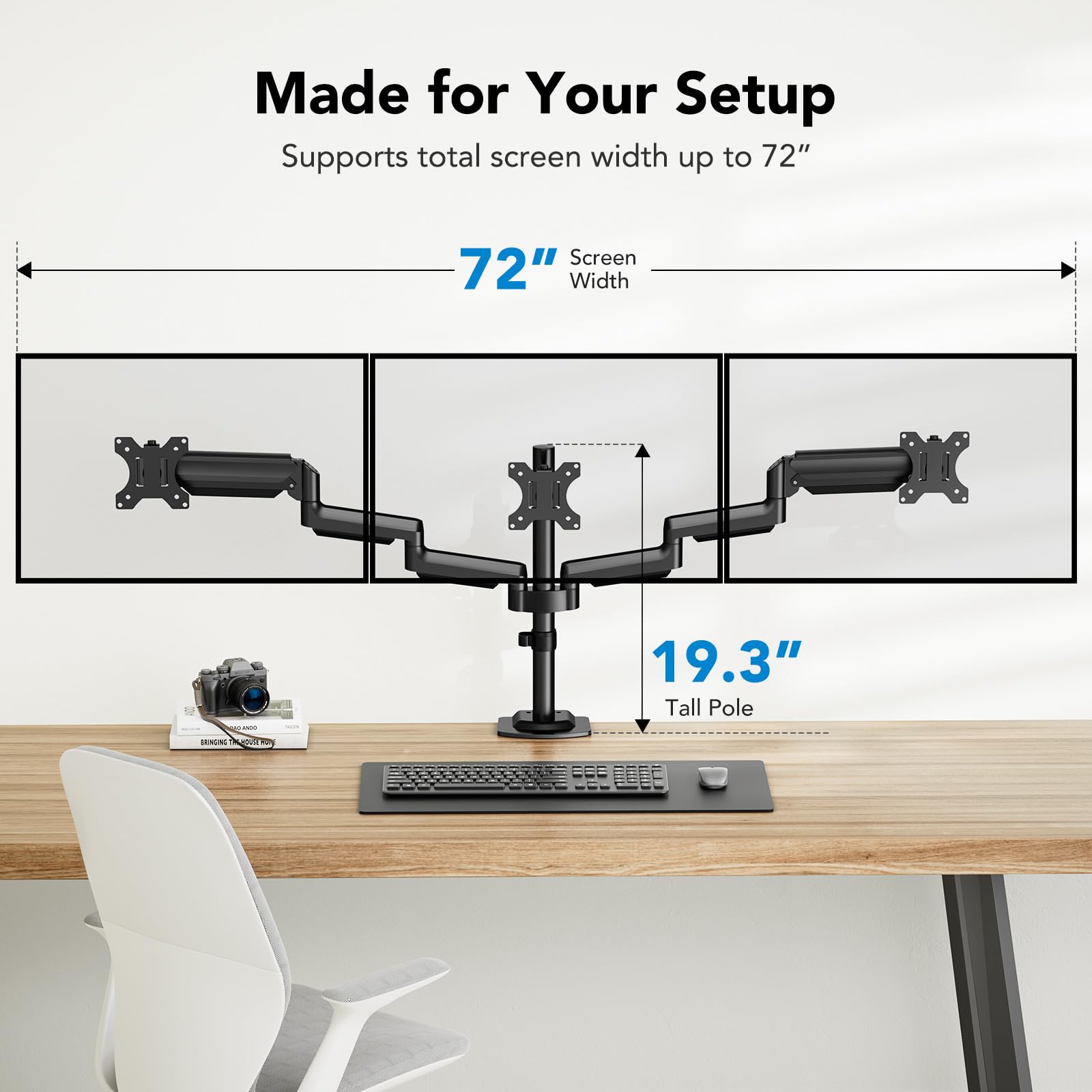 HUANUO Triple Monitor Stand for 13-27 Inch Screens - Adjustable Gas Spring Arm Holds 17.6lbs - Full Motion Tilt, Swivel & Rotation - VESA 75x75/100x100mm - Perfect for Gaming, Office & Home Workstations