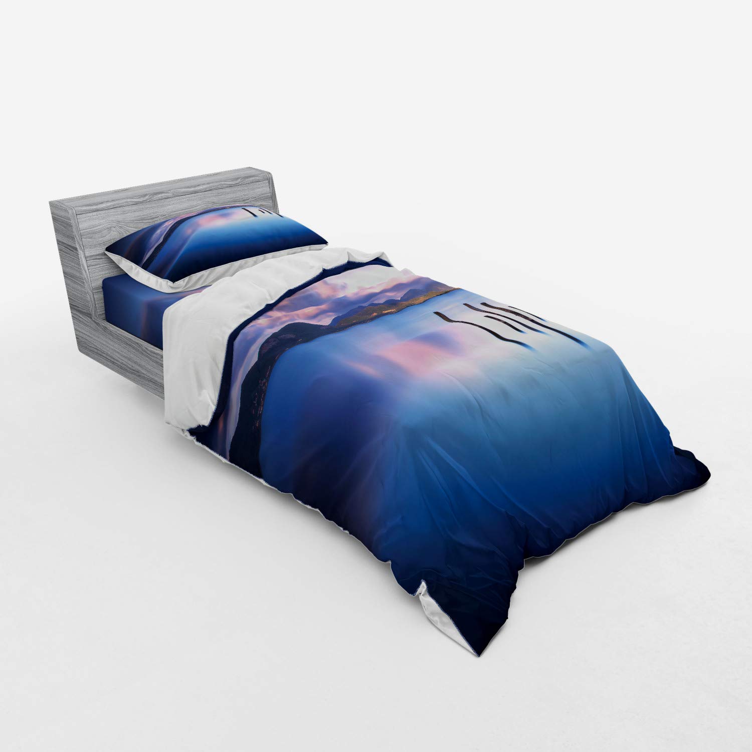 Ambesonne Nature Bedding Set - Wooden Pier Lake Sunset Design, 3-Piece Duvet Cover Set with Sham & Fitted Sheet, Twin Size, Royal Blue - Perfect for Coastal & Lakeside Themed Bedrooms
