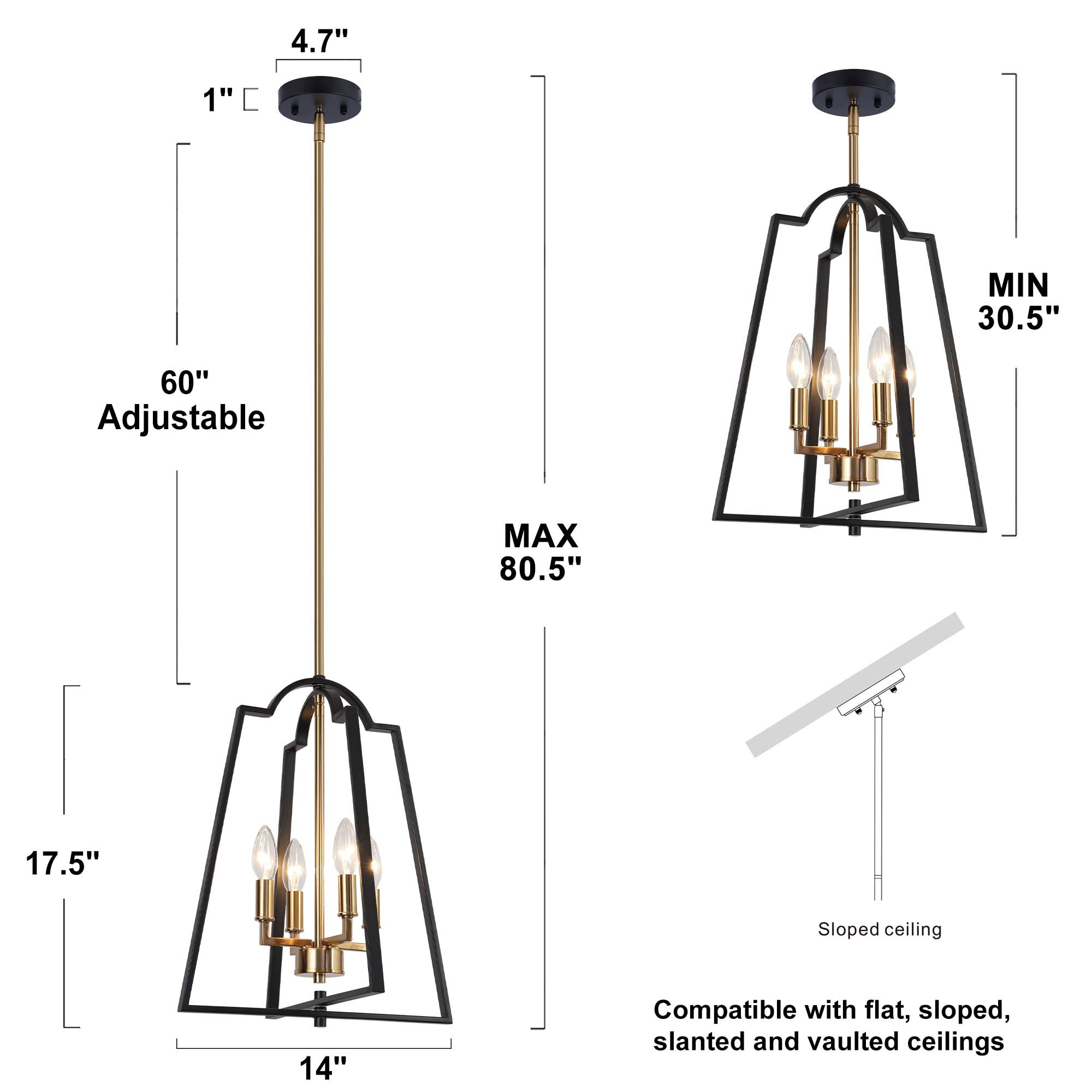 ZEVNI Black Gold 4-Light Chandelier - Modern Lantern Cage Pendant Light Fixture for Kitchen Island, Dining Room, Living Room, Bedroom, Foyer & Entryway | Elegant Lighting for Home Decor & Interior Design