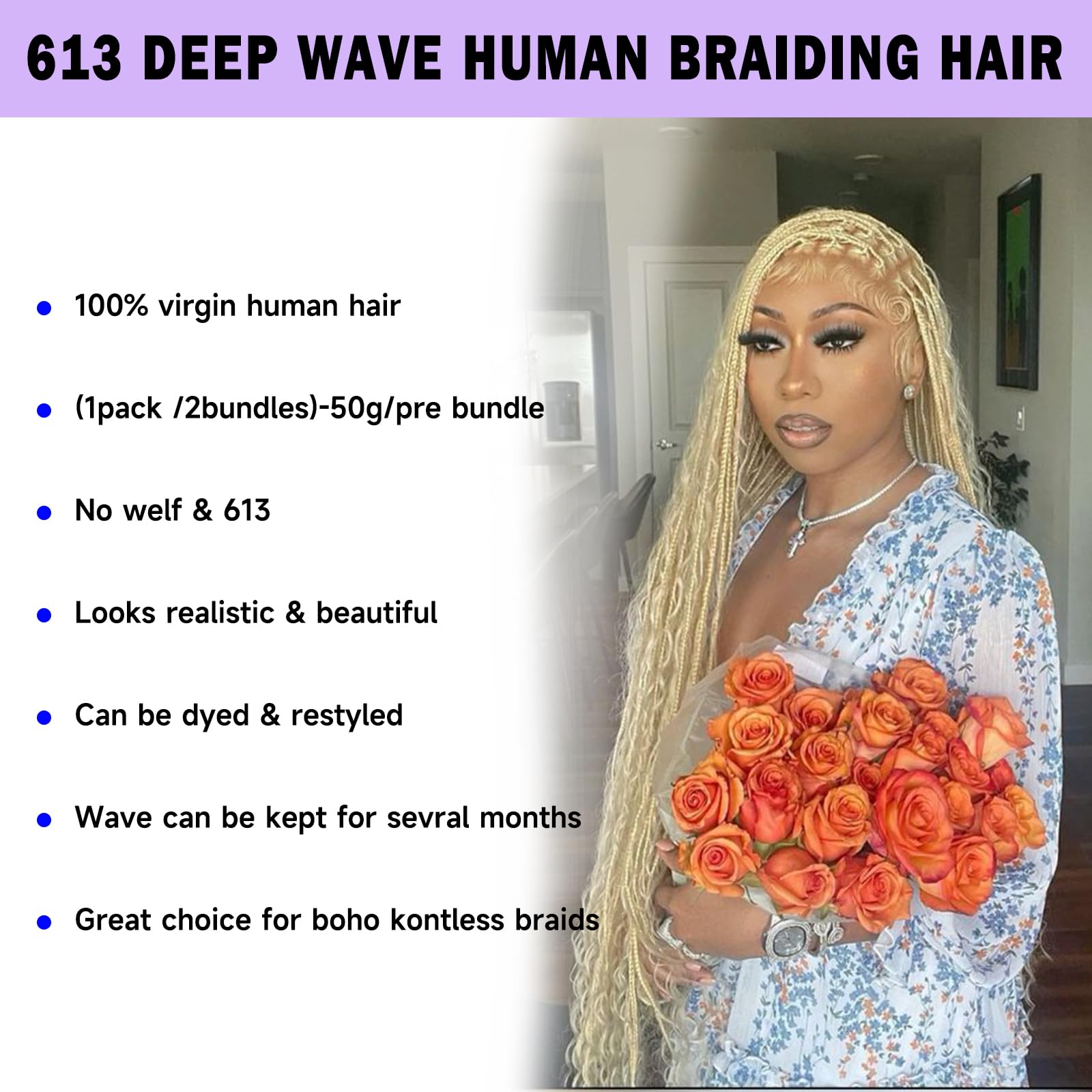 16A 613 Blonde 20 Inch Deep Wave Human Hair Extensions - 5 Bundles Brazilian Virgin Water Curly Hair for Braiding (250g) | No Weft Bulk Hair for Boho Braids, Box Braids & Protective Styles | Perfect for Salon, Wedding & Everyday Wear