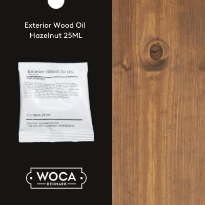Premium WOCA Denmark Exterior Wood Oil - Water-Based Penetrating Stain for Outdoor Wood Decks, Fences & Furniture - 0.9oz Hazelnut - Protects & Enhances Wood Surfaces for Patios, Garden Furniture & Fence Maintenance