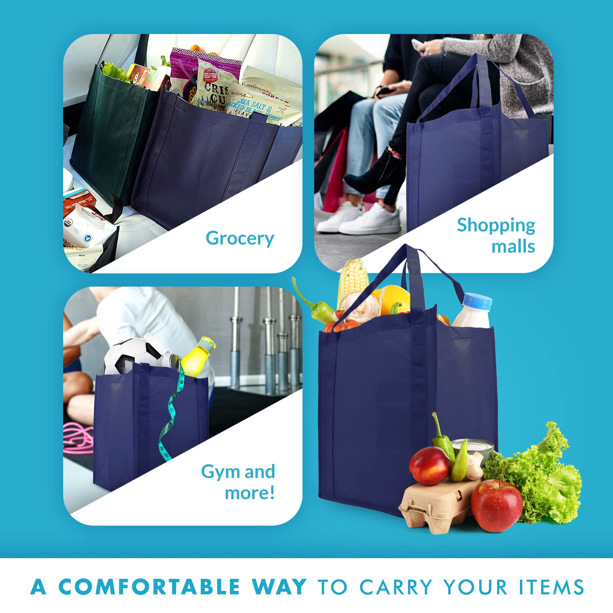 Simply Green Solutions - 10 Pack Reusable Grocery Bags with Reinforced Handles, 13x15x10 Inch Durable Shopping Totes for Groceries, Beach, Gym & Travel - Navy Blue Eco-Friendly Gift Bags