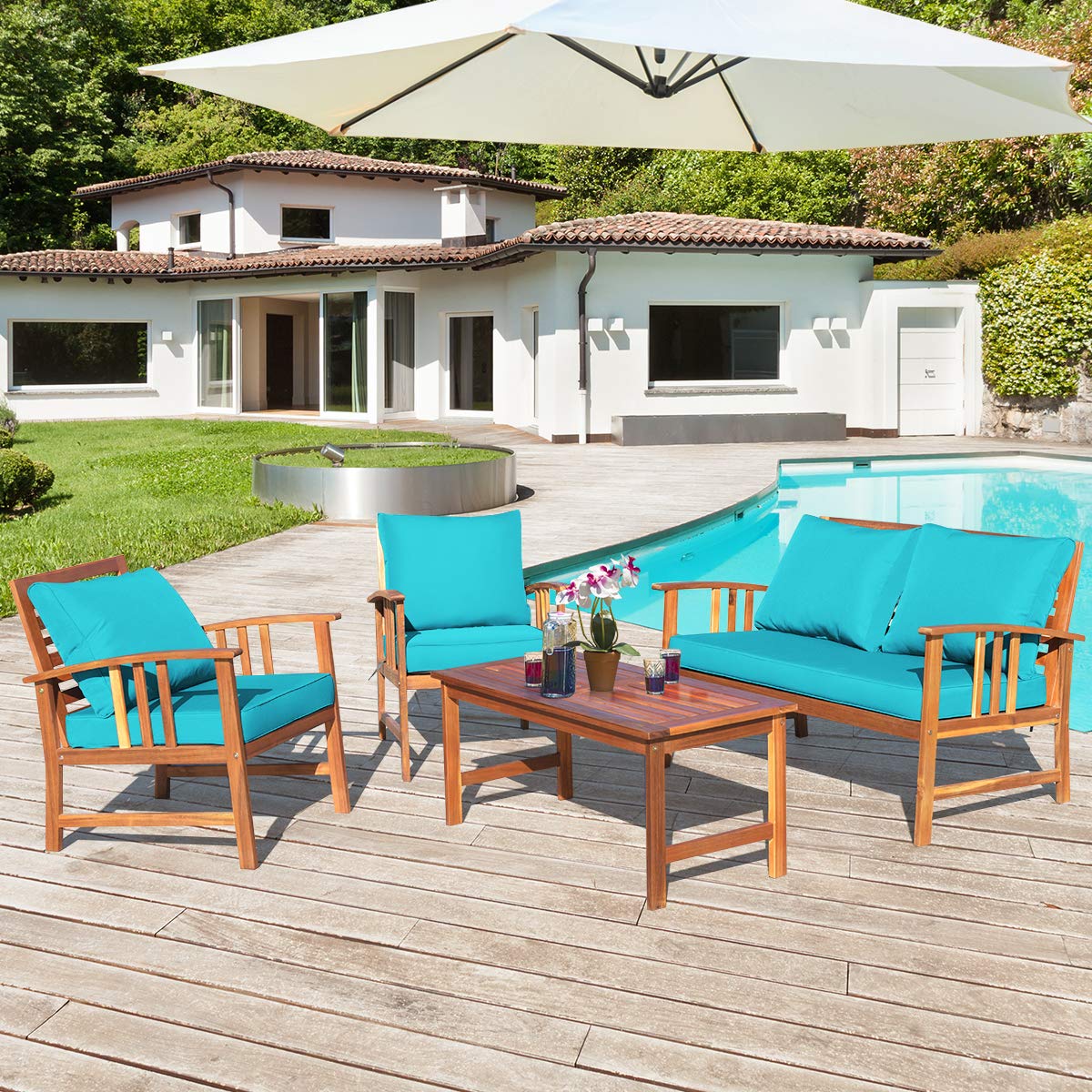 Tangkula 4-Piece Acacia Wood Outdoor Patio Furniture Set with Gray Cushions & Back Pillows - Garden, Backyard, Poolside Conversation Set with Coffee Table (Turquoise) | Perfect for Relaxing, Entertaining & Outdoor Dining
