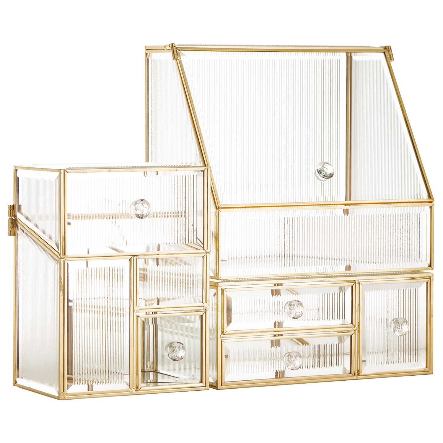 Stackable 3-Piece Glass Drawer Set - Antique Vanity Makeup Organizer with Mirror for Brushes, Lipsticks & Skincare | Countertop Cosmetic Storage Box | Beauty Display Holder for Toner & More | Free Pearl (Gold) - Perfect for Bedroom, Bathroom & Dressing Table Organization
