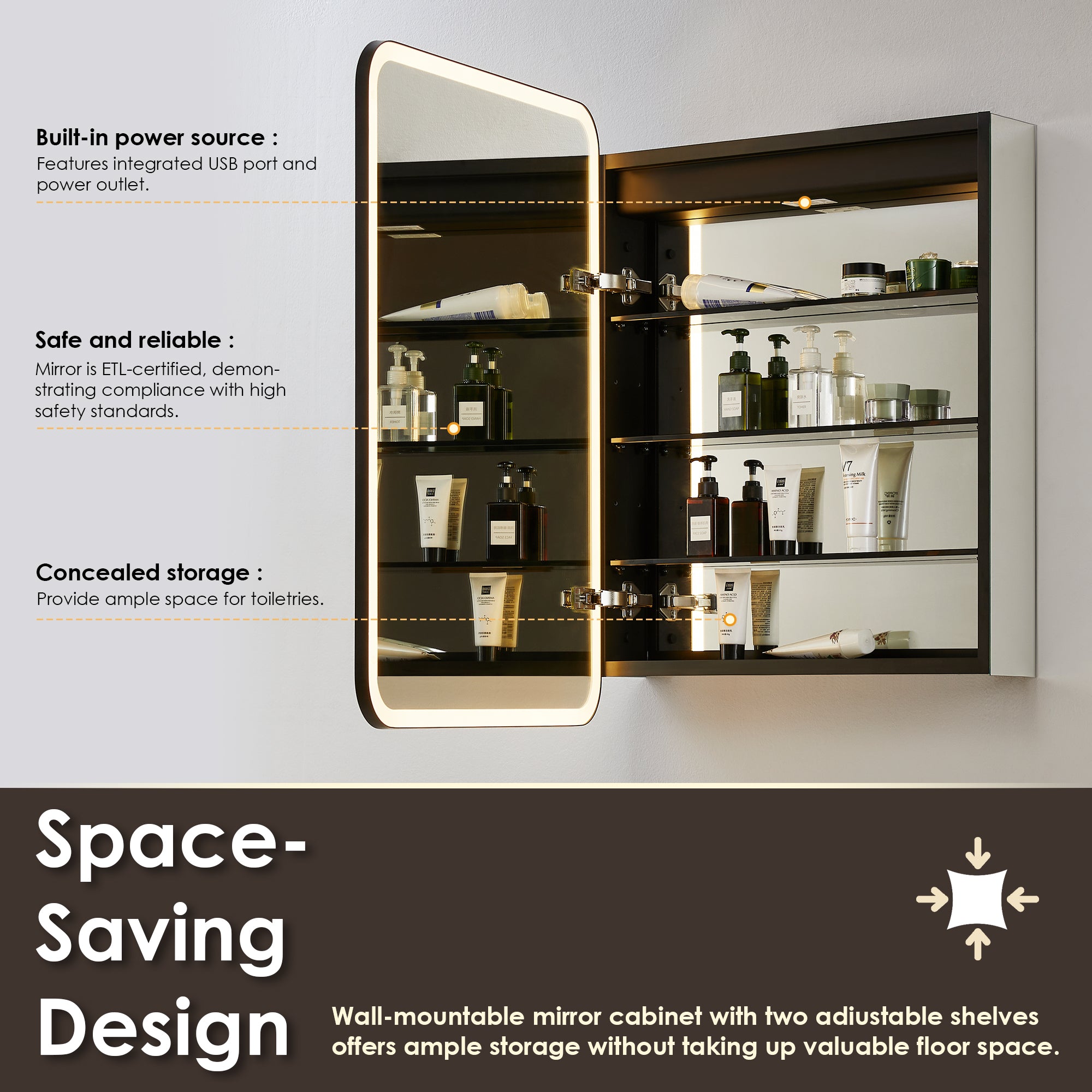 Black Aluminum LED Bathroom Mirror Medicine Cabinet - Surface Mount/Recessed, Dimmable Lighting, Rust-Resistant for Modern Bathroom & Vanity Decor