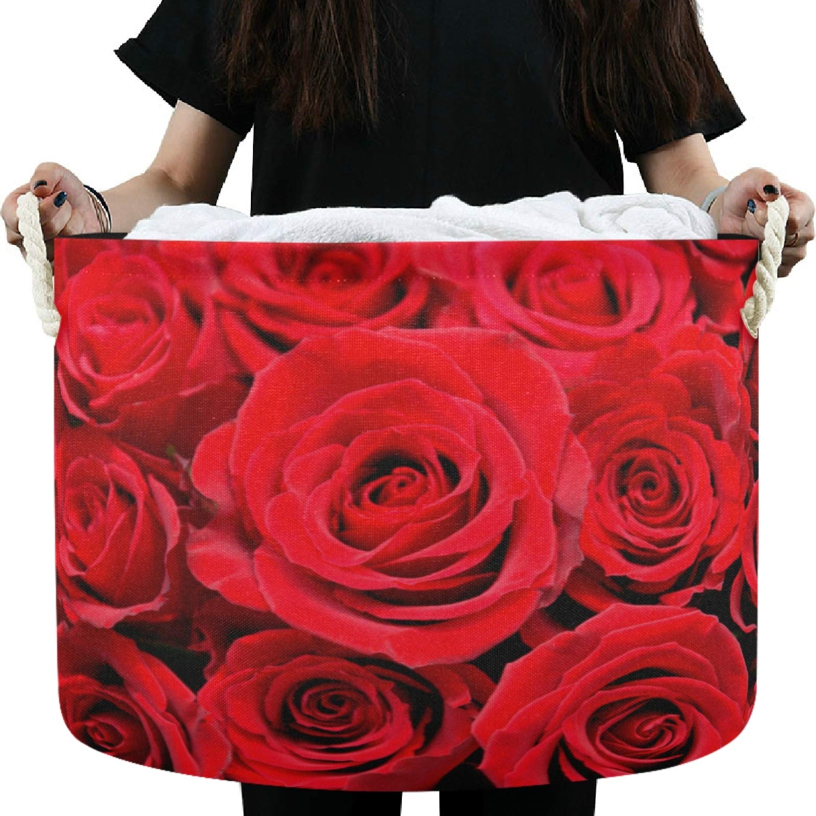 Visesunny Valentine's Day Red Rose Collapsible Storage Basket - Large Capacity Cotton Handled Organizer Bin for Home, Office, Bedroom, Closet, Toys & Laundry | Perfect for Gift Wrapping, Holiday Decor & Space Saving Storage