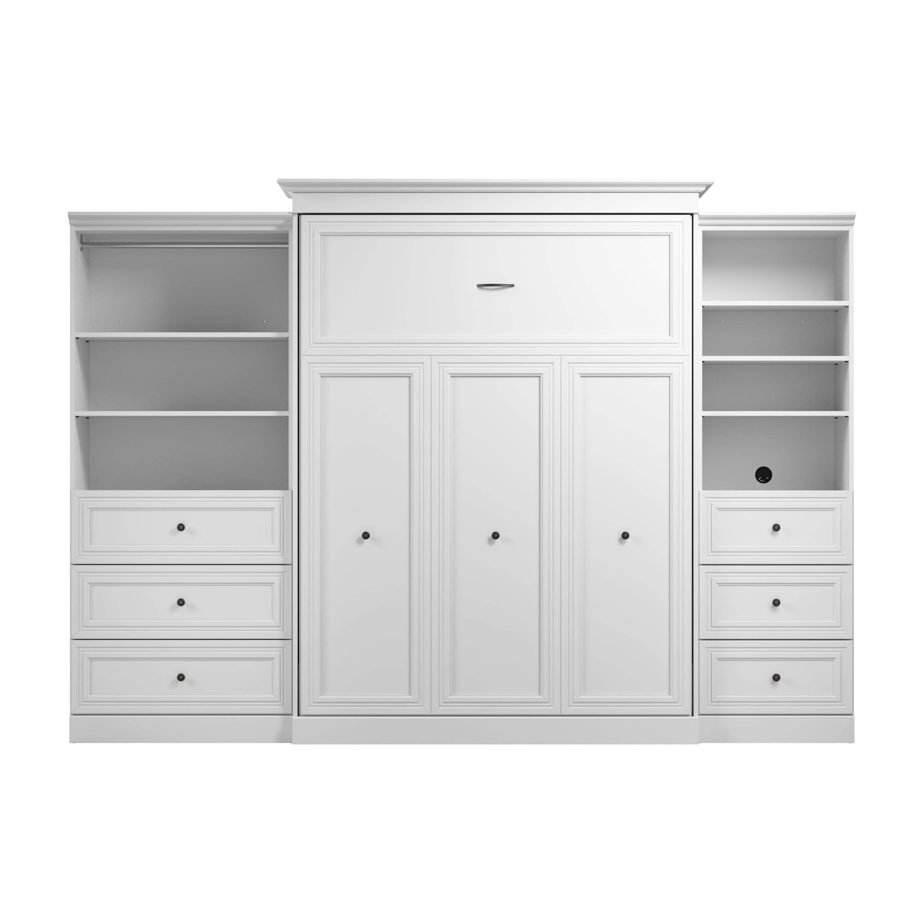 White Queen Murphy Wall Bed with Closet Organizers & Drawers - Space Saving Foldable Bed for Small Apartments, Guest Rooms & Home Offices