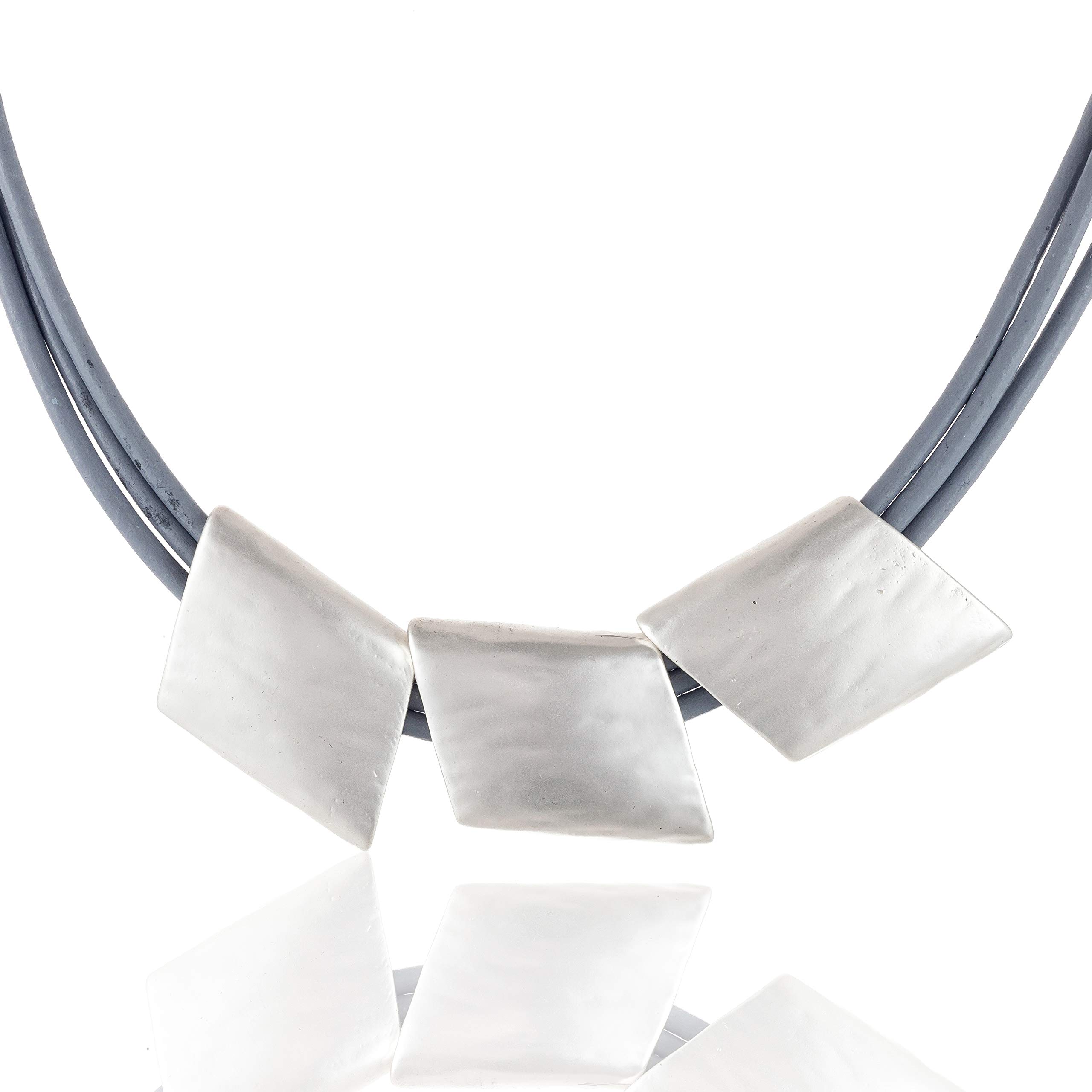 Grey Leather Choker Necklace for Women - Chunky Silver Pendant Fashion Jewelry | Gothic Punk Style, Layering Accessory, Gift Idea