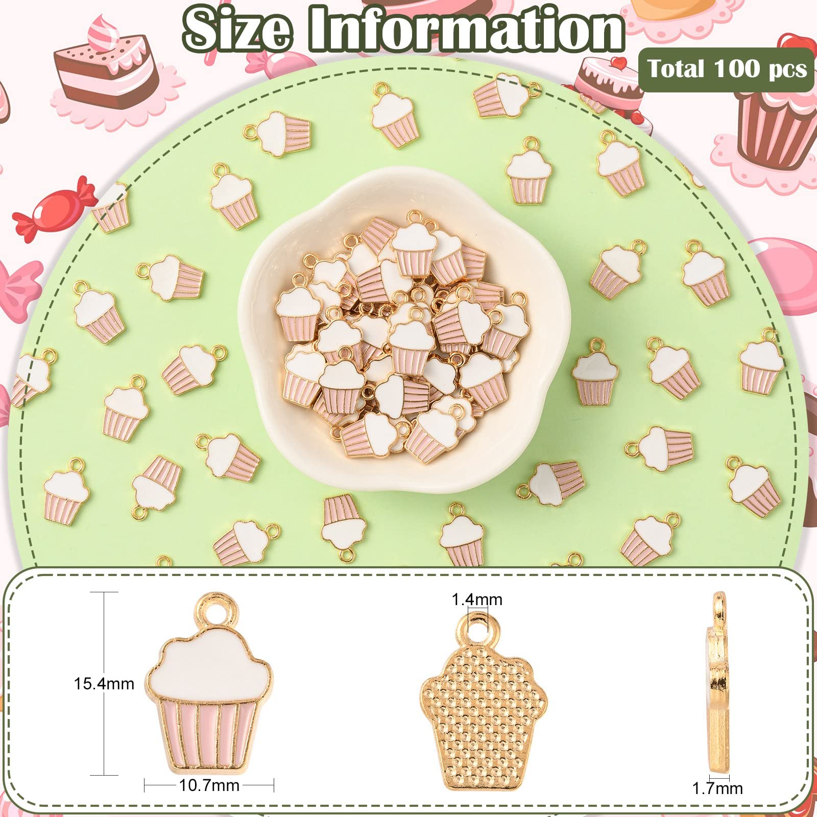 100pcs Alloy Enamel Pink Cupcake Charms for Jewelry Making - Cute Dainty Food Accessories | DIY Craft Supplies for Bracelets, Necklaces & Keychains | DanLingJewelry