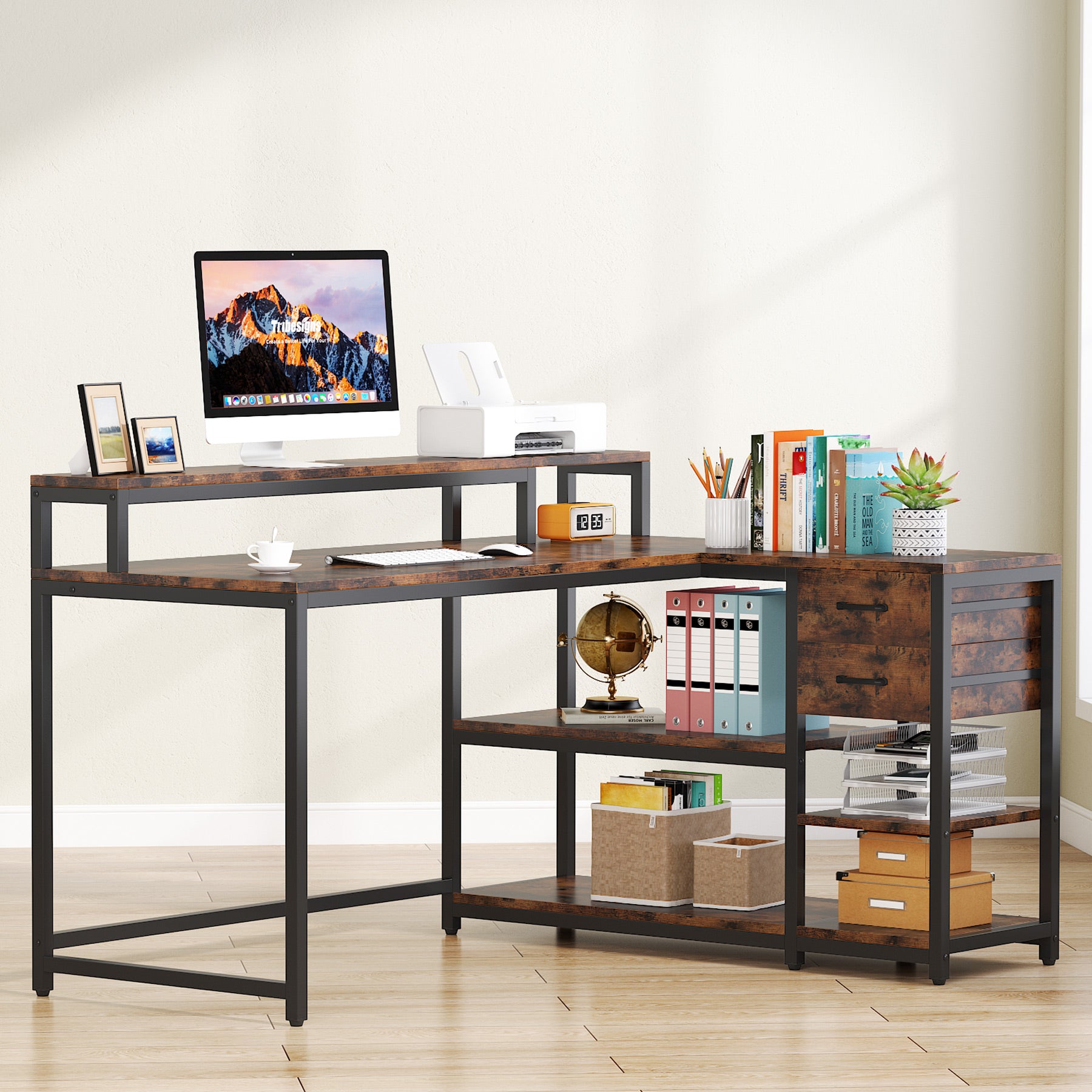 Reversible L-Shaped Corner Desk with Drawer & Shelves - Industrial Style Home Office Desk for Small Spaces, Gaming & Workstation Setup