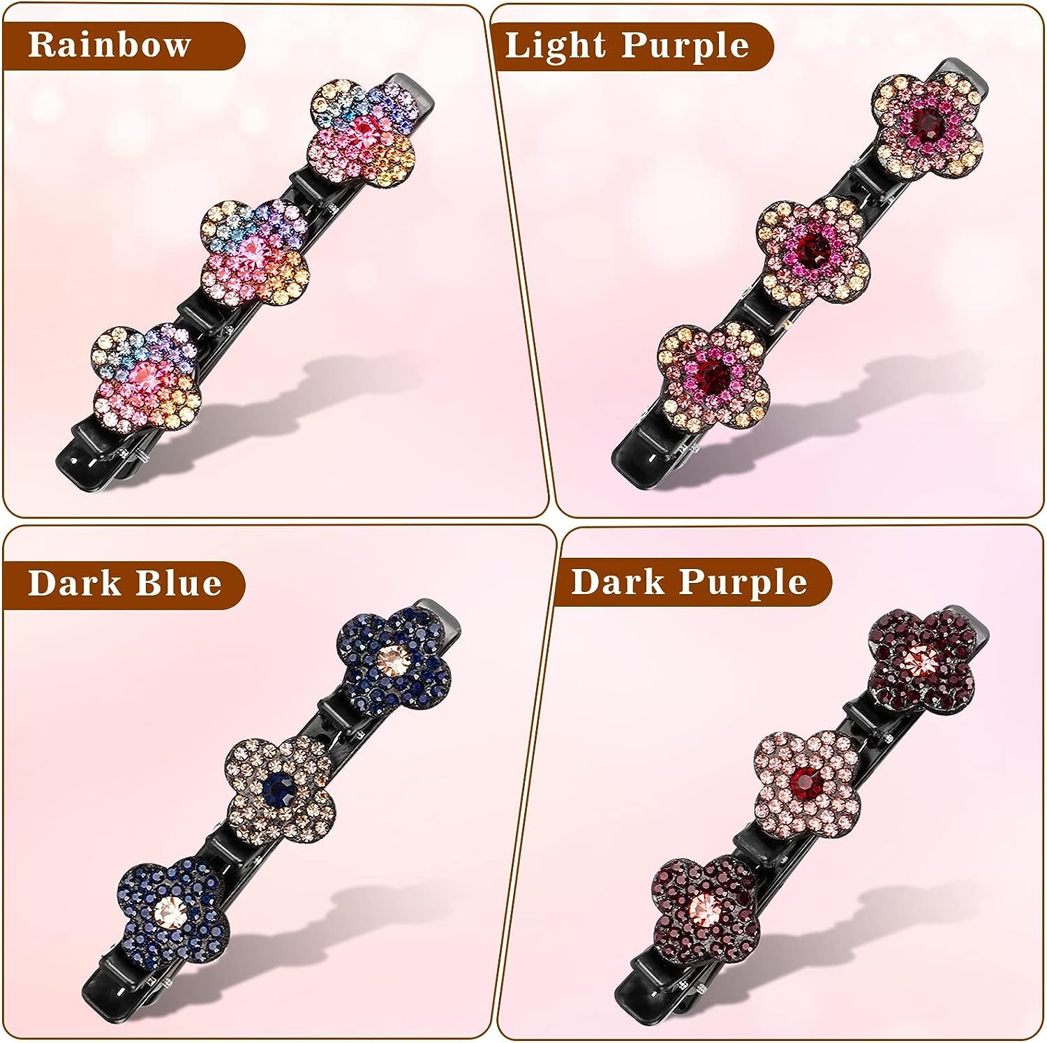 4PCS Sparkling Crystal Rhinestone Braided Hair Clips - Elegant Four-Leaf Clover Duckbill Hairpins with 3 Mini Clips for Women & Girls | Perfect for Weddings, Parties, Prom, and Daily Styling