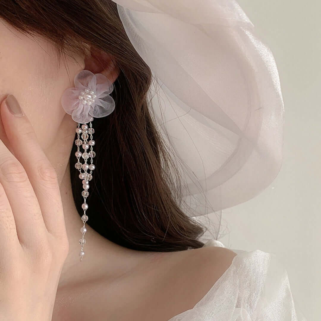 Ivory Pearl Drop Wedding Earrings with Lace Flower Design - Elegant Bridal Jewelry for Weddings, Prom & Formal Events | FM2003