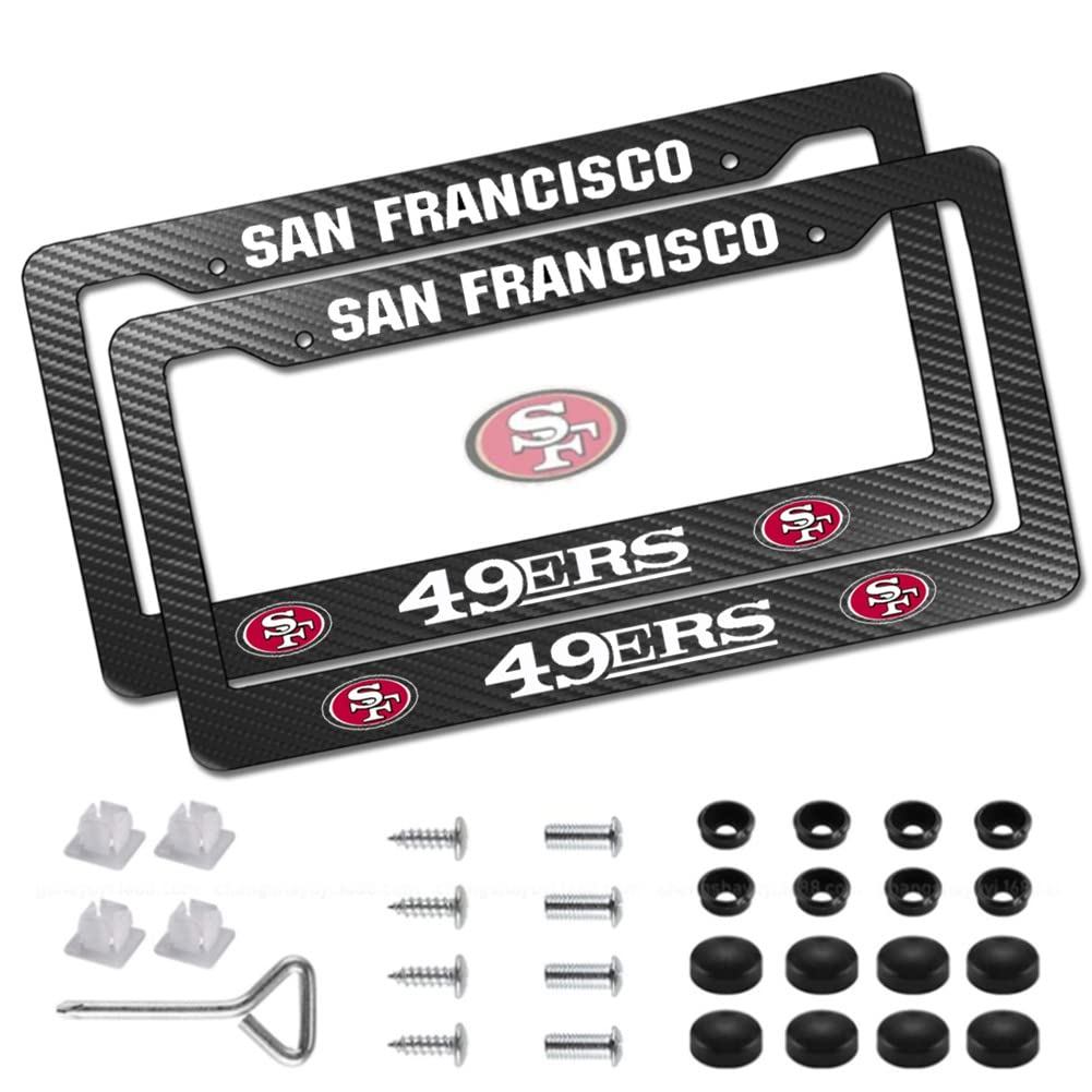 2 Pack San Francisco 49ers License Plate Frames - Black Carbon Fiber Weatherproof Universal Fit for Cars, Trucks & SUVs - Perfect for NFL Fans & Tailgating
