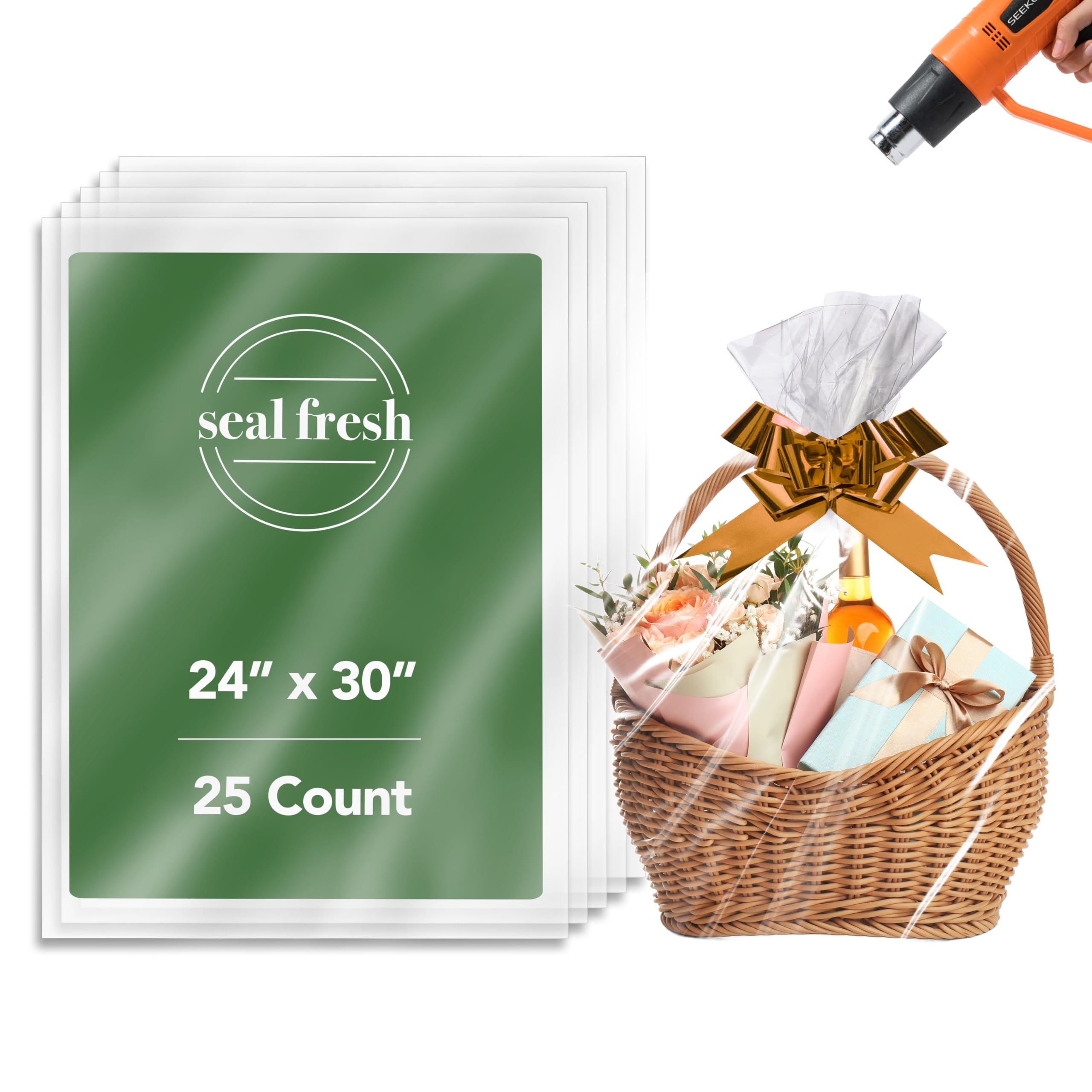 25 Pack Clear PVC Plastic Shrink Wrap Bags 24x30 Inches for Gift Baskets & Food Packaging - Seal Fresh Presents, Fruits & Baked Goods - Ribbon & Basket Not Included