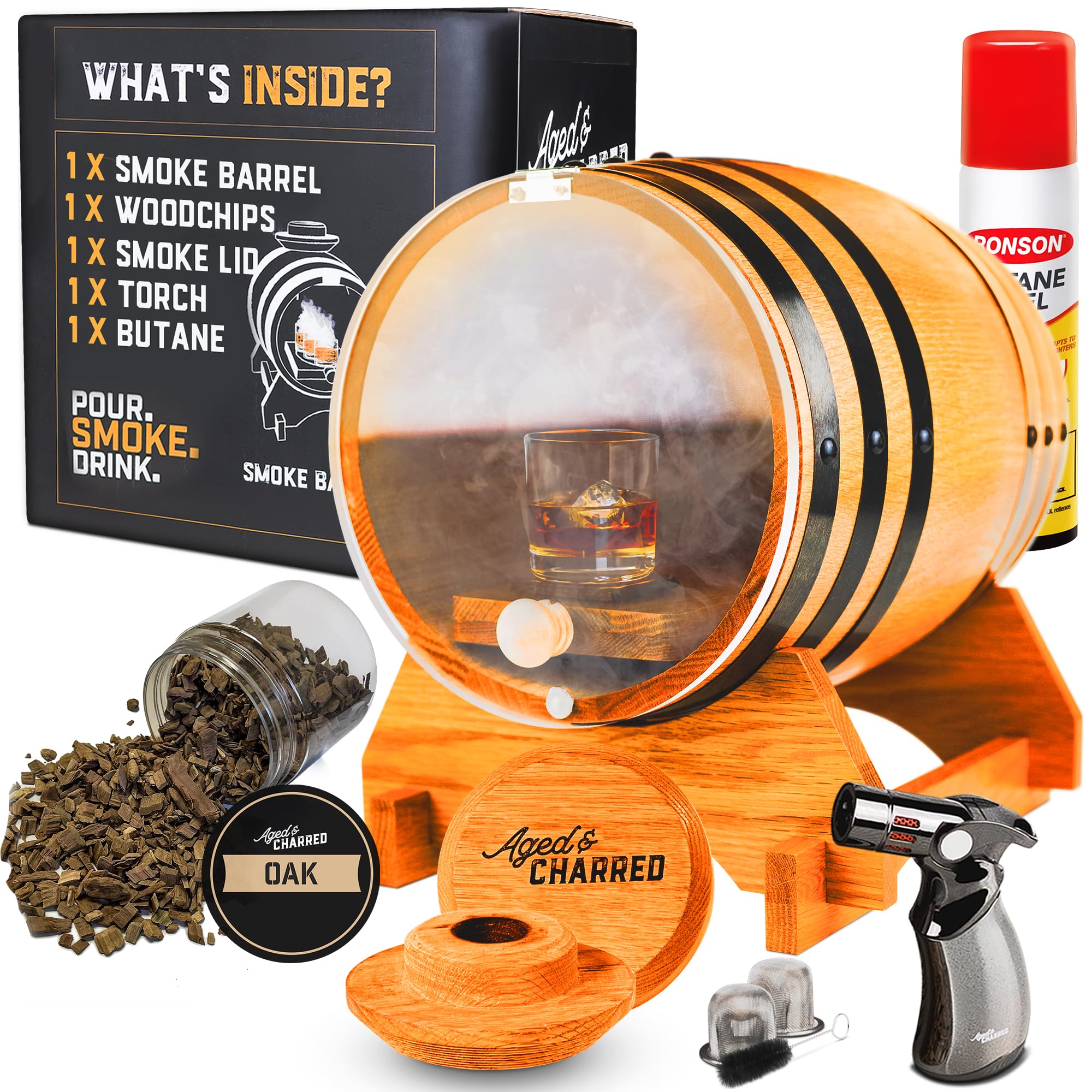 Premium Old Fashioned Cocktail Kit - Whiskey & Bourbon Barrel Set with Cocktail Smoker & Torch - American Oak Wood - Butane Included - Perfect for Home Bars, Man Caves & Gifts for Men (Whiskey Lovers, Birthday, Anniversary)