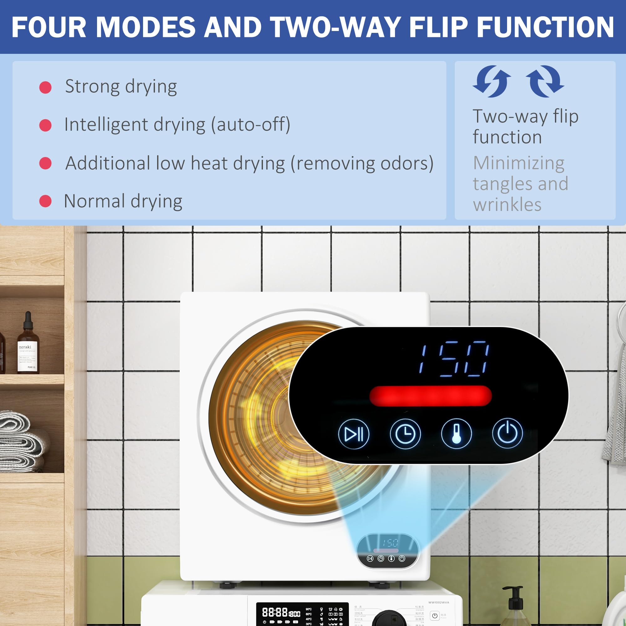 HOMCOM 1.5 cu.ft Portable Electric Clothes Dryer - Compact Stainless Steel Front Load Dryer with Intelligent Drying System, 850W 120V for Apartments, Dorms, RVs - Perfect for Small Spaces & Quick Laundry Drying - White