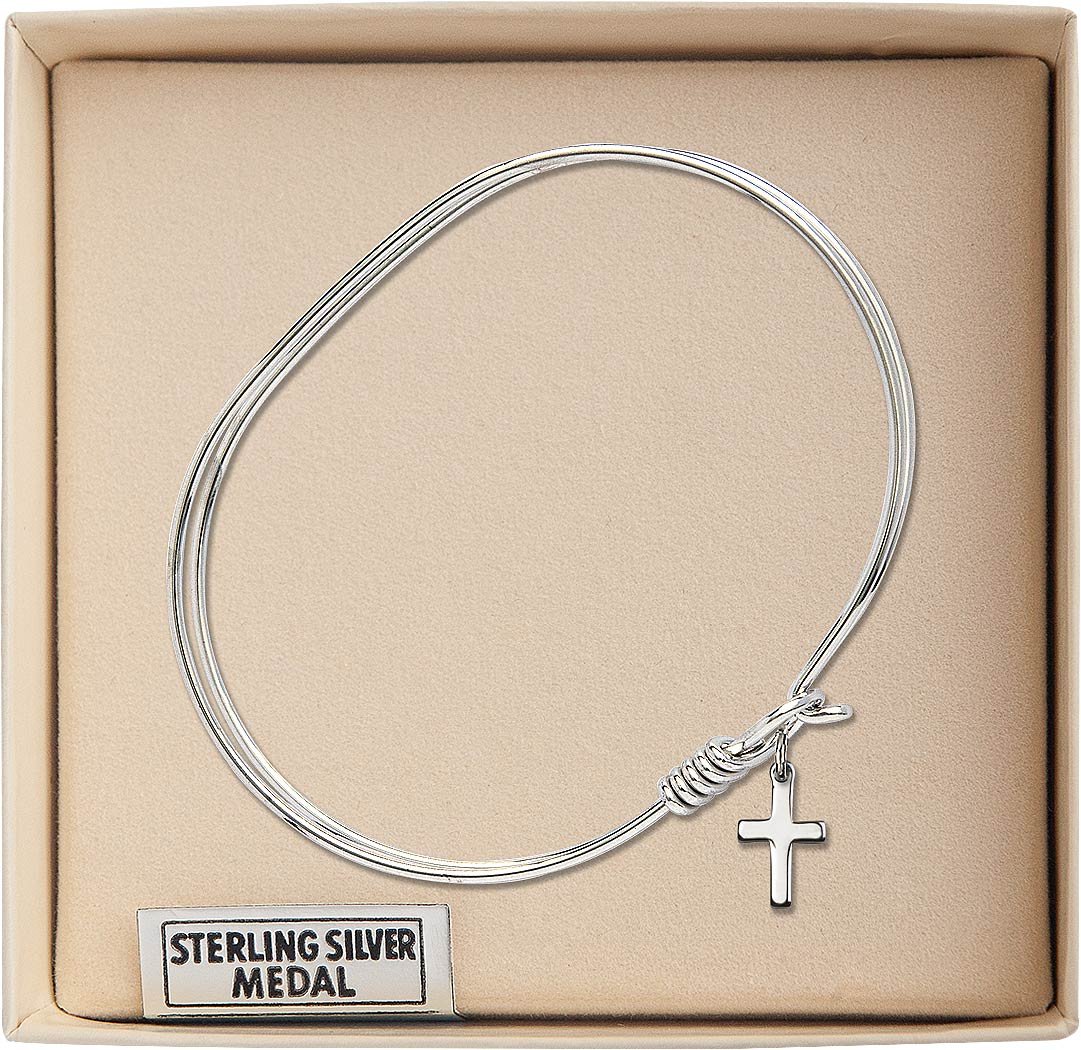 Sterling Silver Oval Eye Hook Bangle Bracelet with Cross Charm - Elegant Jewelry for Women, Perfect for Everyday Wear, Gifts & Special Occasions