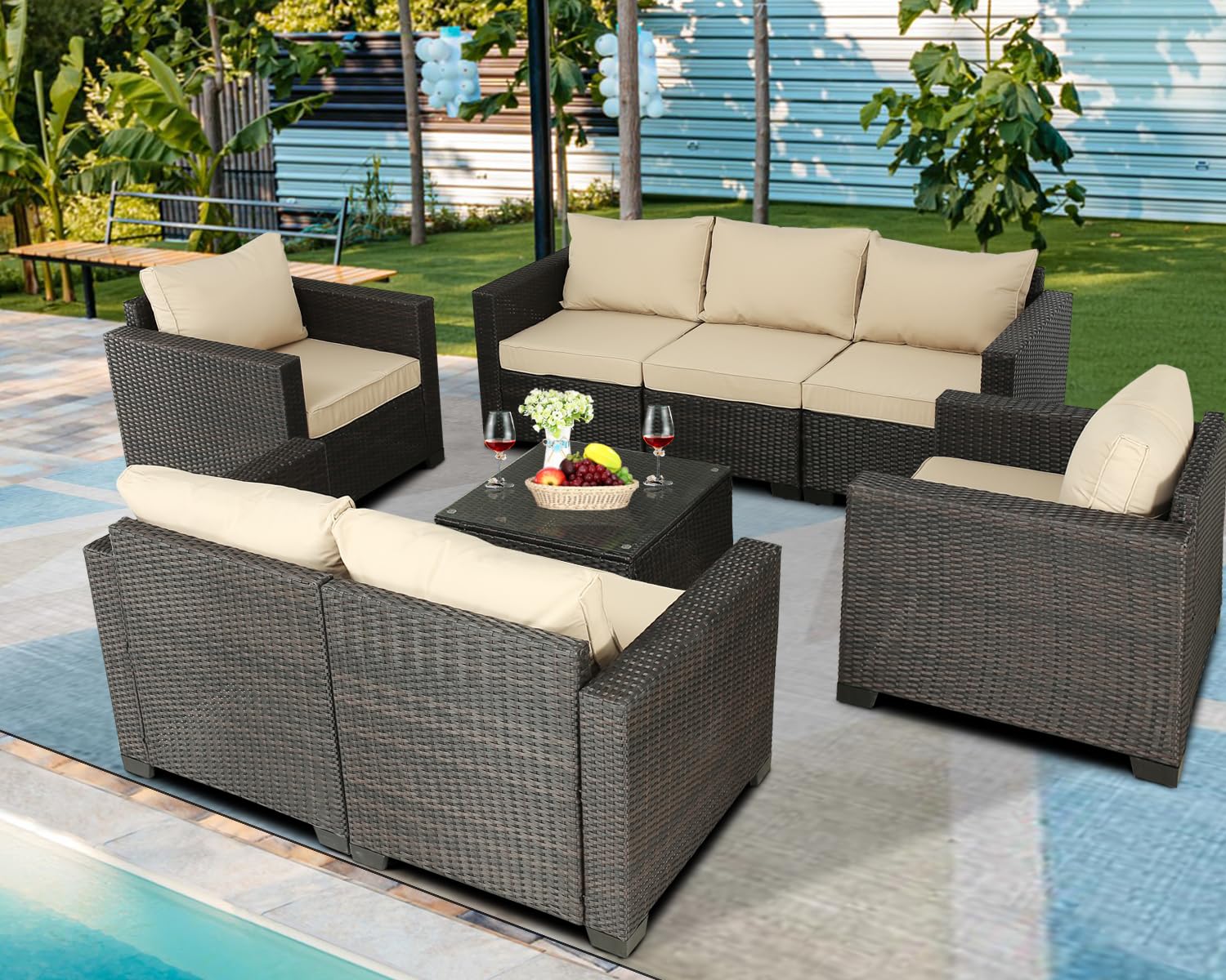 Outdoor Patio Furniture Set 8-Piece Rattan Conversation Set with Table - Brown Beige Wicker Chairs for Backyard, Garden, Balcony, Porch & Poolside - Perfect for Relaxing, Entertaining & Outdoor Dining