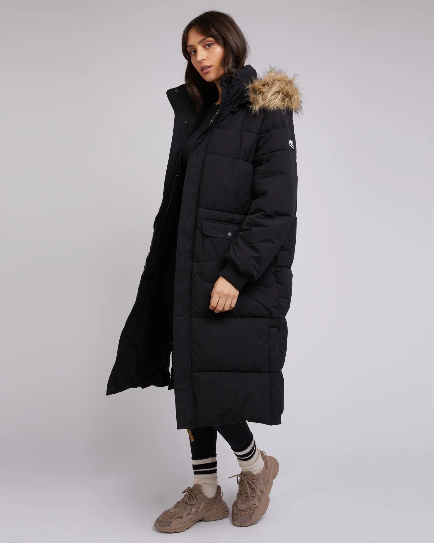 Active Fur Longline Puffer Jacket for Women - Black Winter Coat for Outdoor Activities, Hiking & Casual Wear