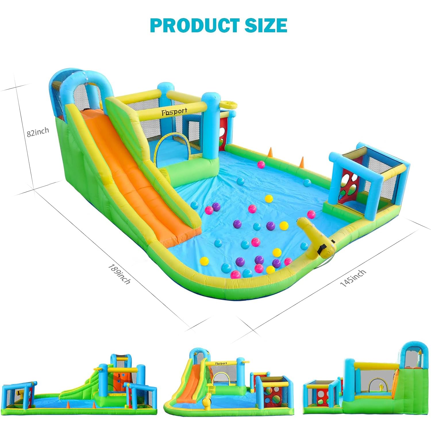 FBSPORT Inflatable Bounce House with Water Slide - 9-in-1 Kids Bouncy Castle for Indoor & Outdoor Play | Includes Blower, Football Shooting Game, Water Gun, Splash Pool & Bounce Area | Perfect for Birthday Parties, Backyard Fun & Summer Water Activities