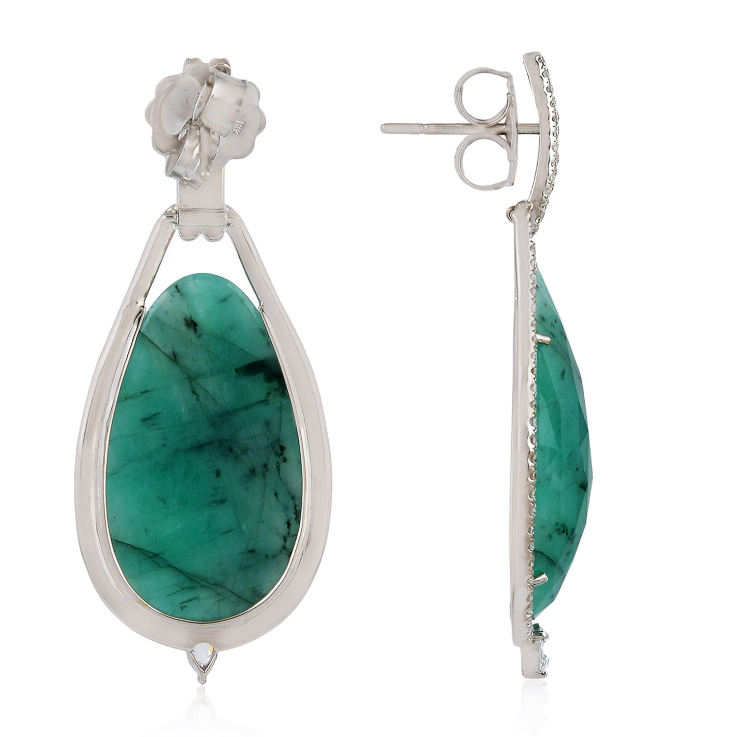 18K White Gold Egg Cut Emerald Gemstone Pave Diamond Dangle Earrings for Women - Elegant Wedding, Party & Evening Wear Jewelry Gift