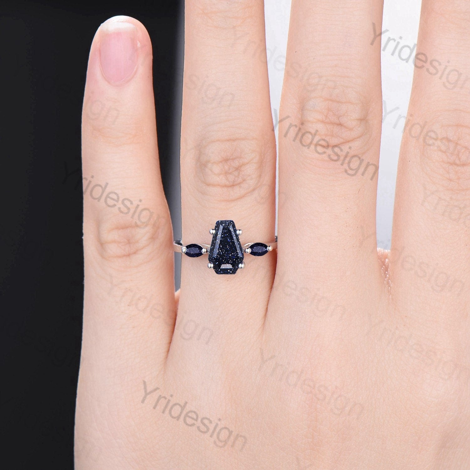 Minimalist Coffin Shaped Blue Sandstone Ring - Dainty Marquise Cut Galaxy Star Shield Three Stone Goldstone Wedding Band - Elegant Proposal Gift for Women, Brides & Couples - Perfect for Engagement, Anniversary & Romantic Occasions