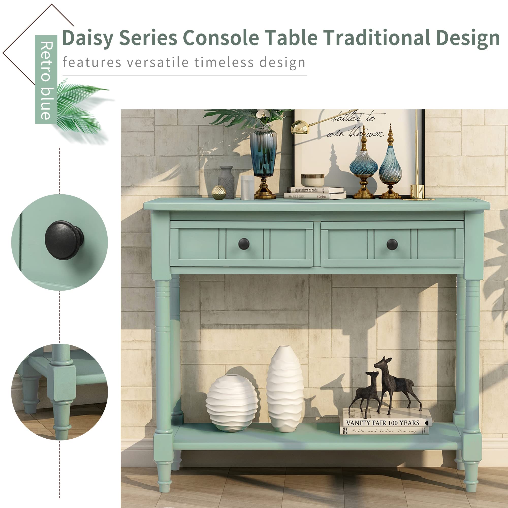 Merax Wood Sofa Table Console Table - Traditional Design with 2 Drawers & Bottom Shelf for Living Room, Hallway, Dining Room - Retro Blue - Perfect for Entryway Decor & Home Organization