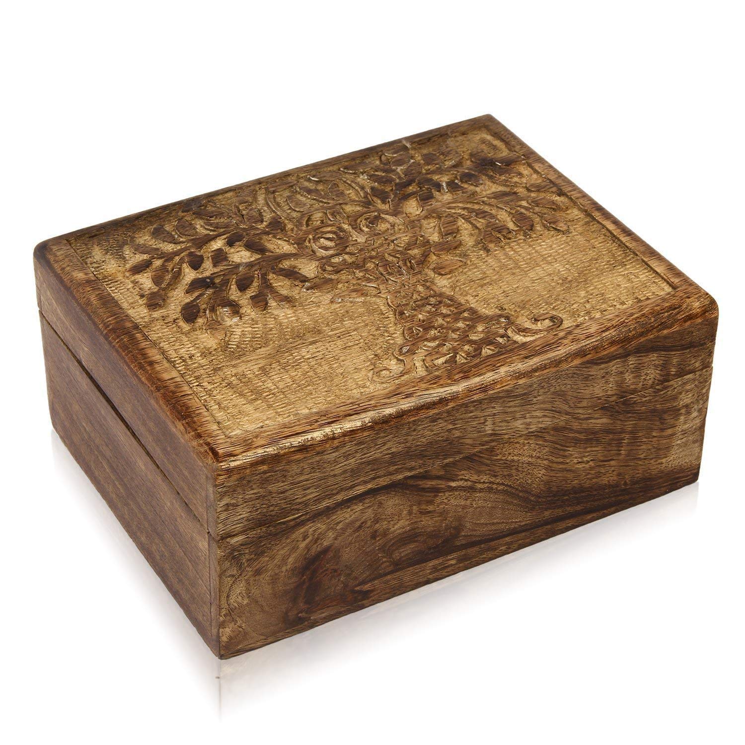 Handmade Wooden Jewelry Box with Tree of Life Carving - Jewelry Organizer, Keepsake Box & Watch Storage - Perfect Birthday, Housewarming Gift for Women (Home Decor & Treasure Chest)