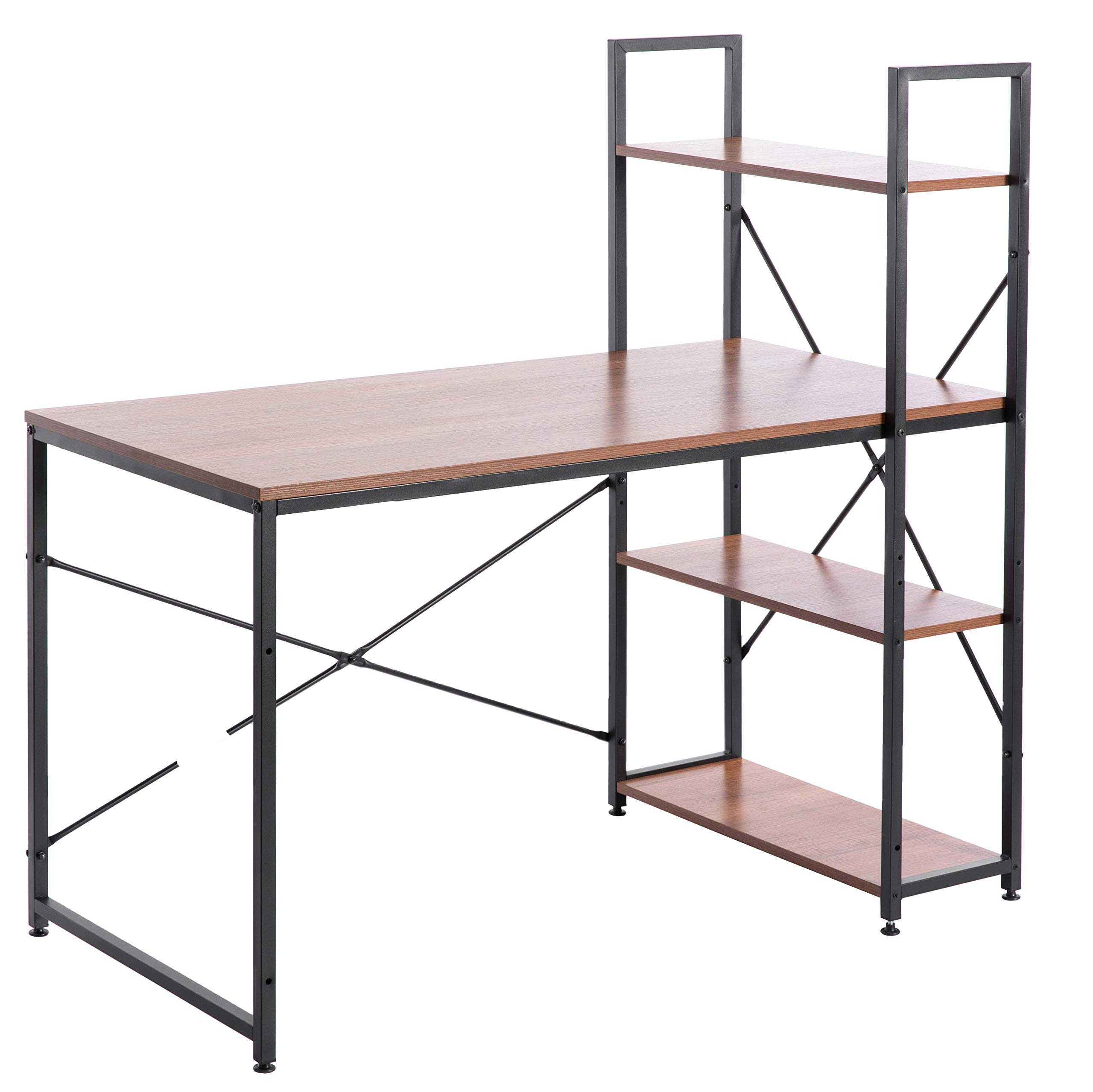 Industrial Home Office Computer Desk with Bookshelves - Solid Wood & Metal Frame, Cherry Finish - Perfect for Small Spaces, Work from Home & Study Rooms