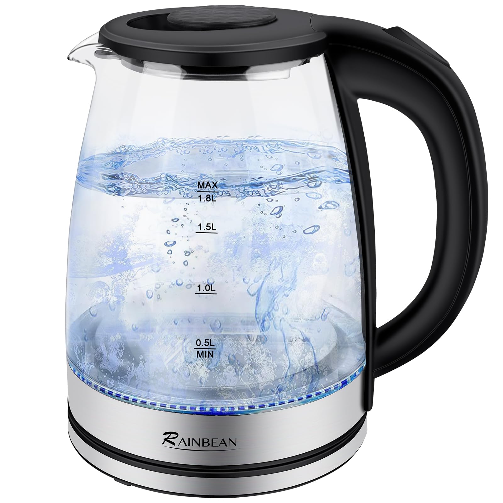 RAINBEAN 1.8L Electric Kettle with LED Light - Fast Boiling Glass Water Boiler for Tea & Coffee - Auto Shut-Off & Boil-Dry Protection - Perfect for Home, Office & Dorm Use