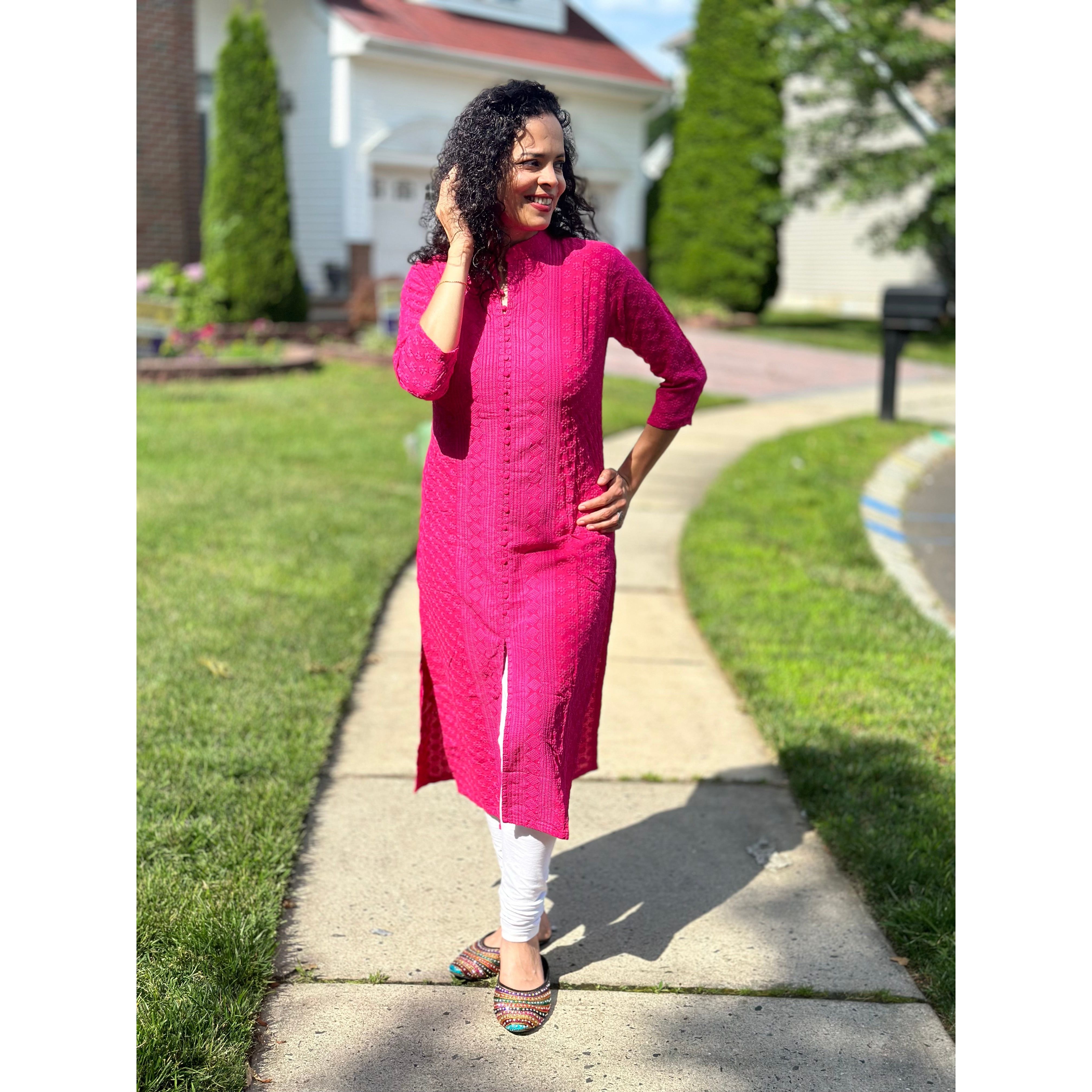 Lakhnavi Chikankari Kurta for Women - Elegant Dark Pink Embroidered Kurti | Perfect for Festivals, Weddings & Ethnic Occasions