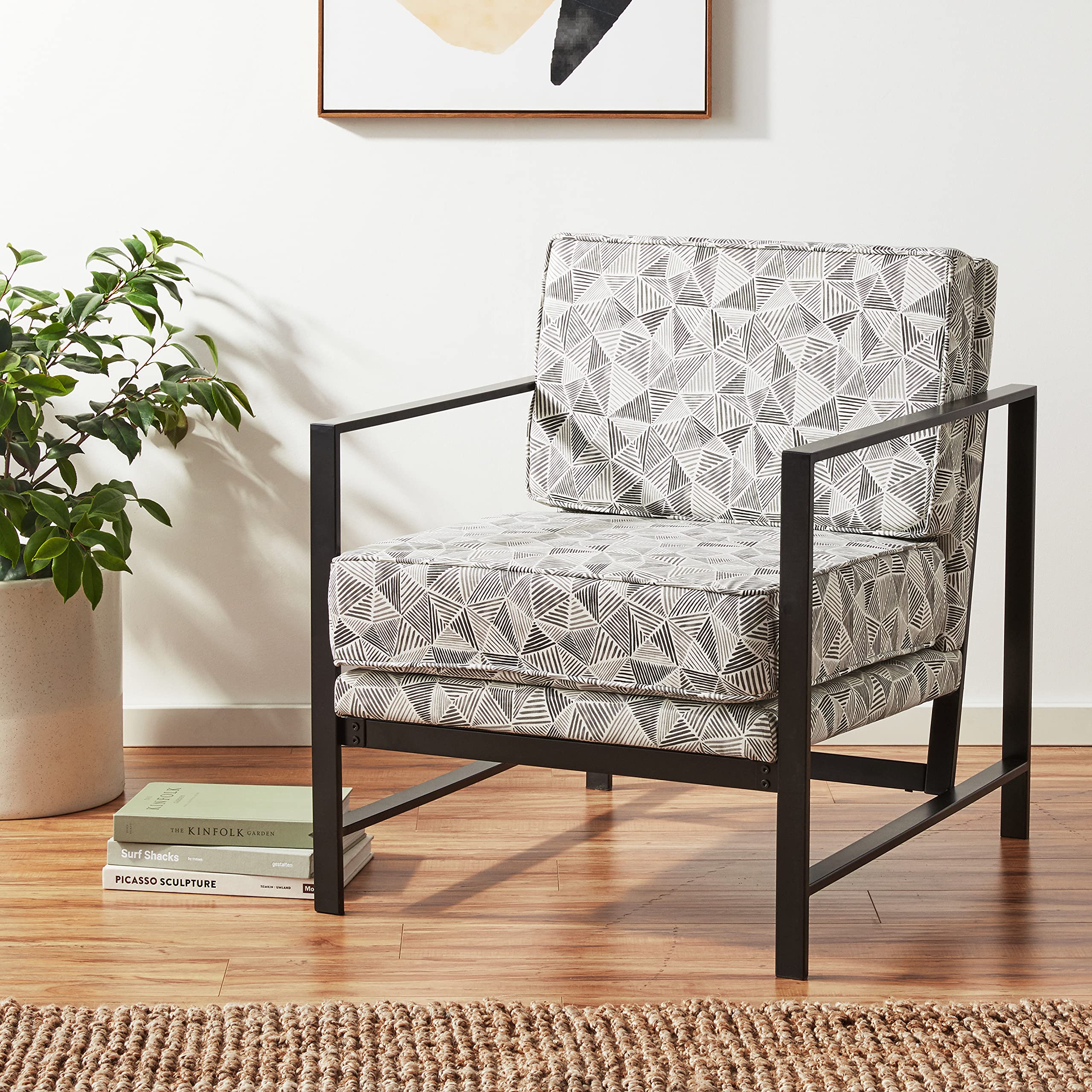 Hudson Modern Velvet Accent Chair with Sturdy Metal Frame - Gray Lines Upholstered Living Room Chair for Home Office, Lounge & Bedroom Decor