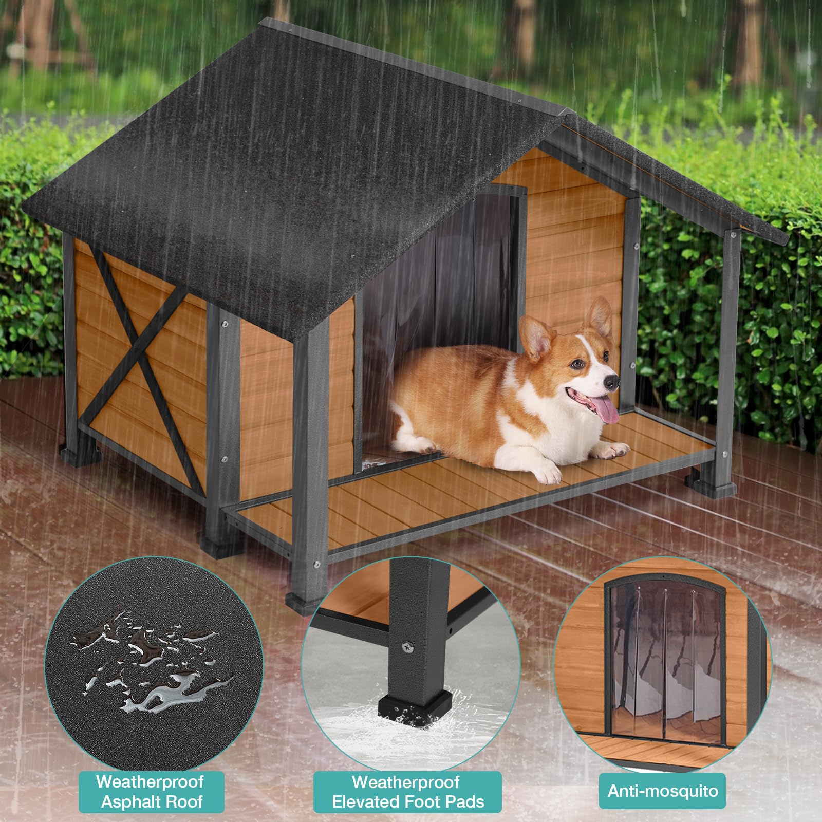 Weatherproof Wooden Outdoor Dog House for Medium to Large Dogs - Durable Iron Frame Indoor/Outdoor Shelter with Spacious Porch - Cozy Winter Pet Kennel for Backyard, Patio & Garden Use