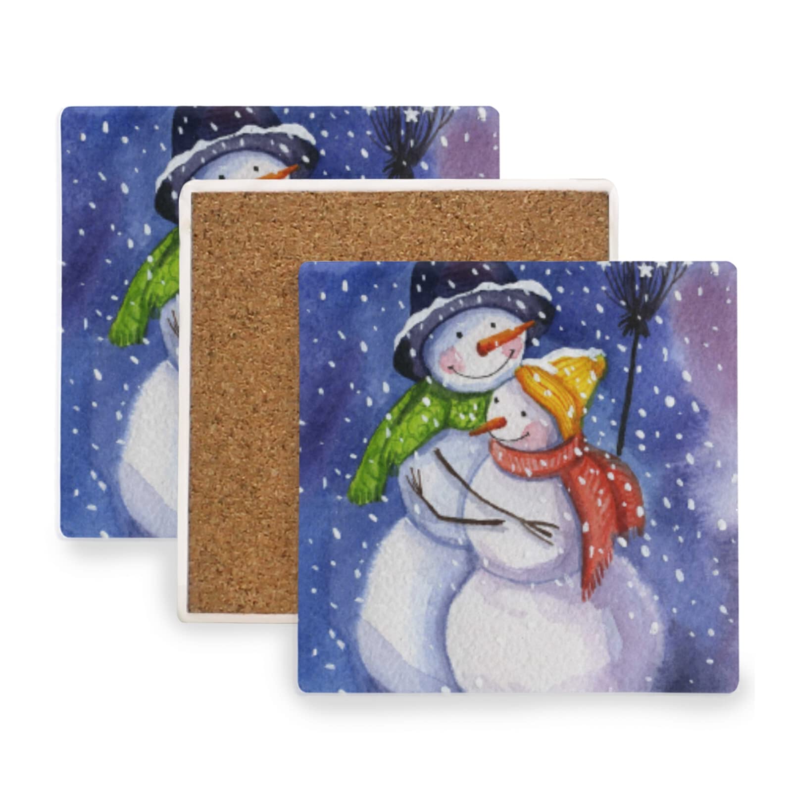 Set of 2 Snowman Ceramic Coasters with Cork Base - Christmas Drink Coasters for Mugs & Glasses - Waterproof Stone Coaster Pad for Hot/Cold Beverages - Perfect Housewarming Gift & Holiday Home Decor