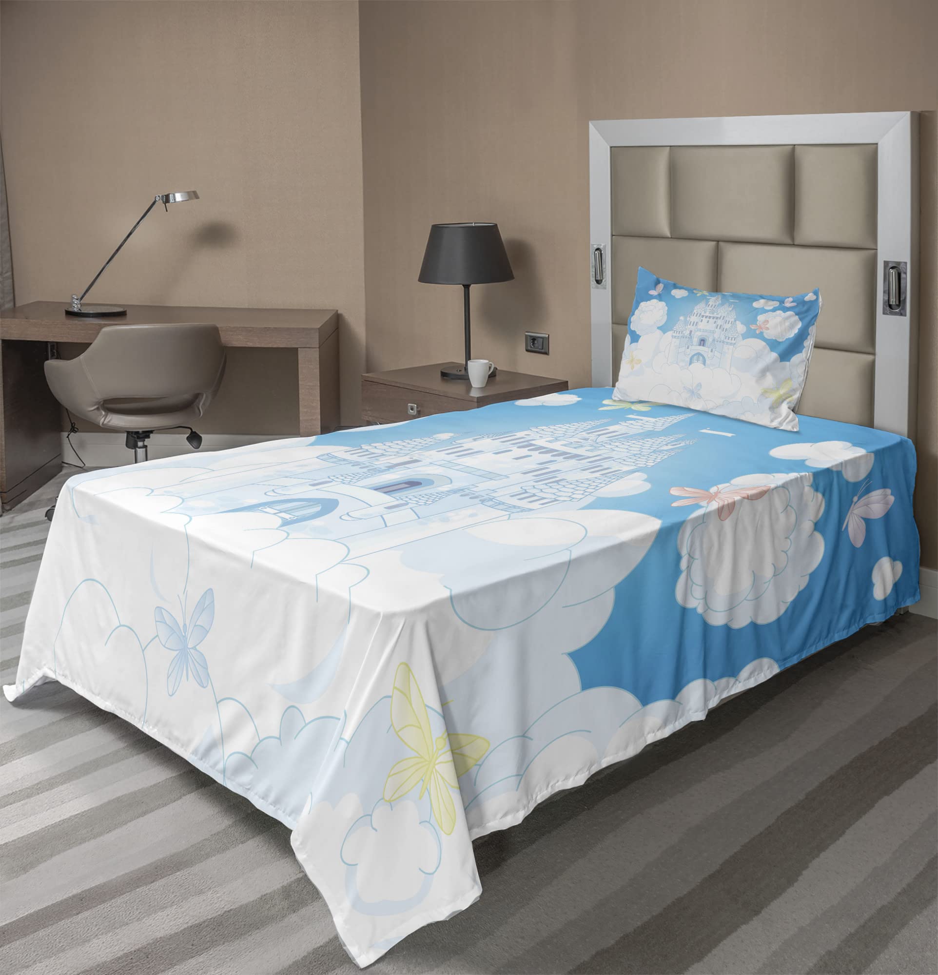 Ambesonne Fairy Tale Castle Clouds & Butterflies Printed 3-Piece Bed Sheet Set - Twin Size, White & Sky Blue - Perfect for Kids' Rooms, Guest Bedrooms & Fantasy Themed Decor