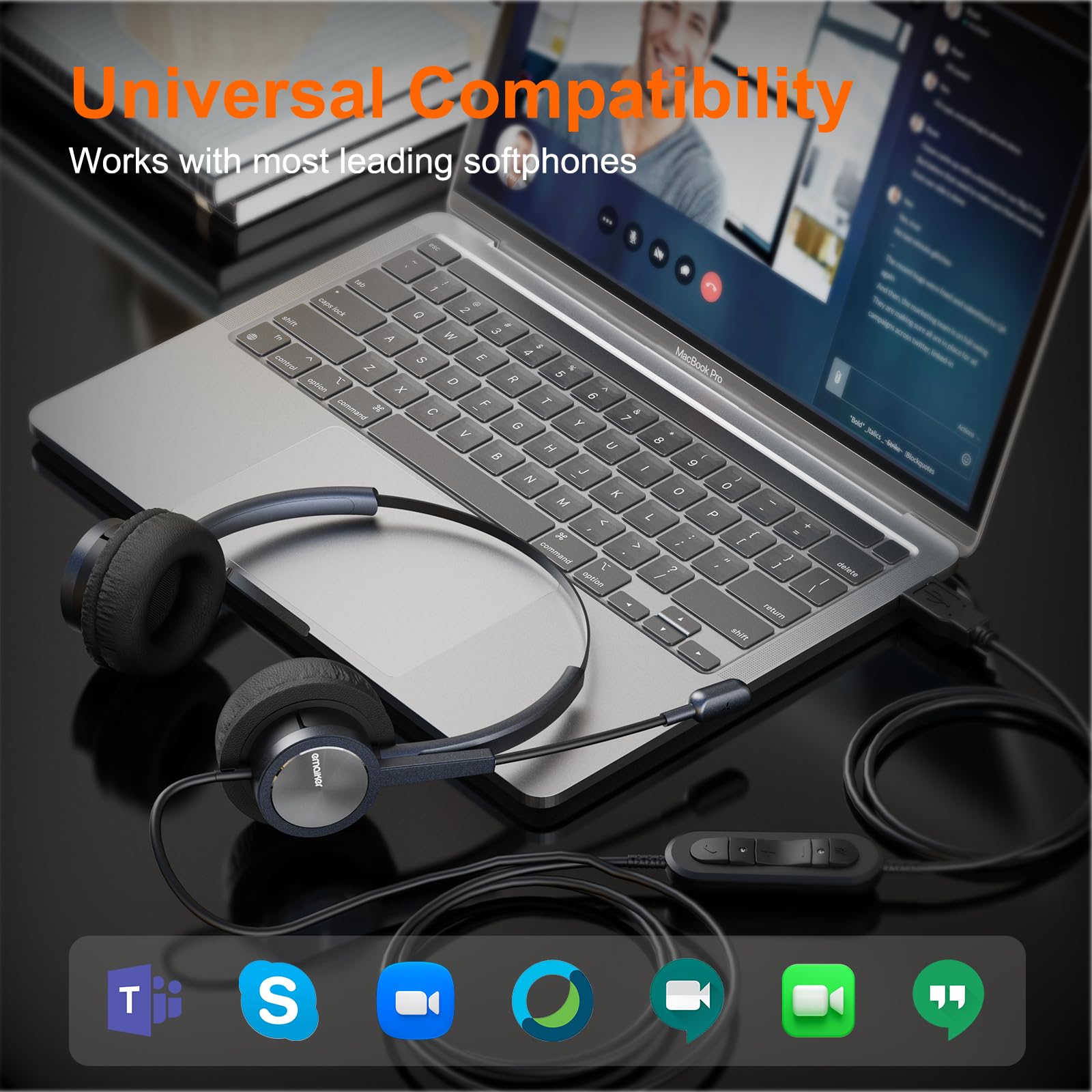 Noise Cancelling USB PC Headset with Microphone for Work & Office - Compatible with PC, Mac, Laptop - Ideal for Skype, Teams, Zoom, Webex, RingCentral, Dragon Dictation - Perfect for Remote Work, Online Meetings & Webinars