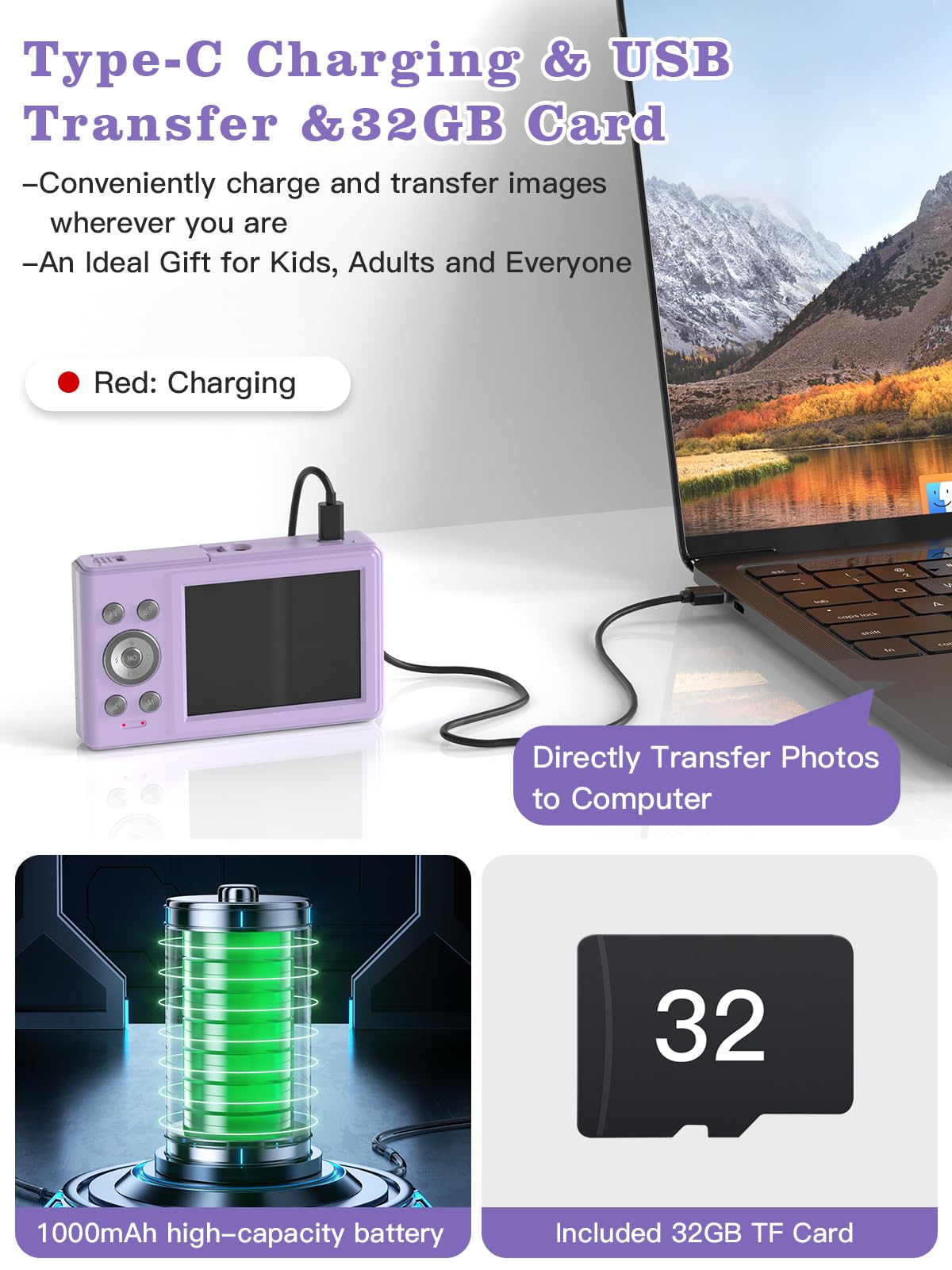 56MP FHD 1080P Kids Digital Camera with 16x Zoom & Anti-Shake | 32GB TF Card, 2 Batteries & Lanyard Included | Compact Purple Camera for Boys & Girls | Perfect for Travel, Birthday Gifts & First Photography Experience