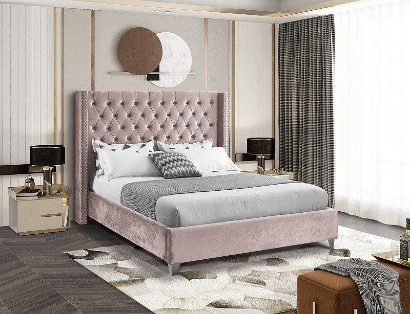 Luxury Dusty Pink Velvet Wing Bed with Deep Button Tufting & Nailhead Trim - Elegant Upholstered Headboard for Master Bedroom, Guest Room & Home Decor