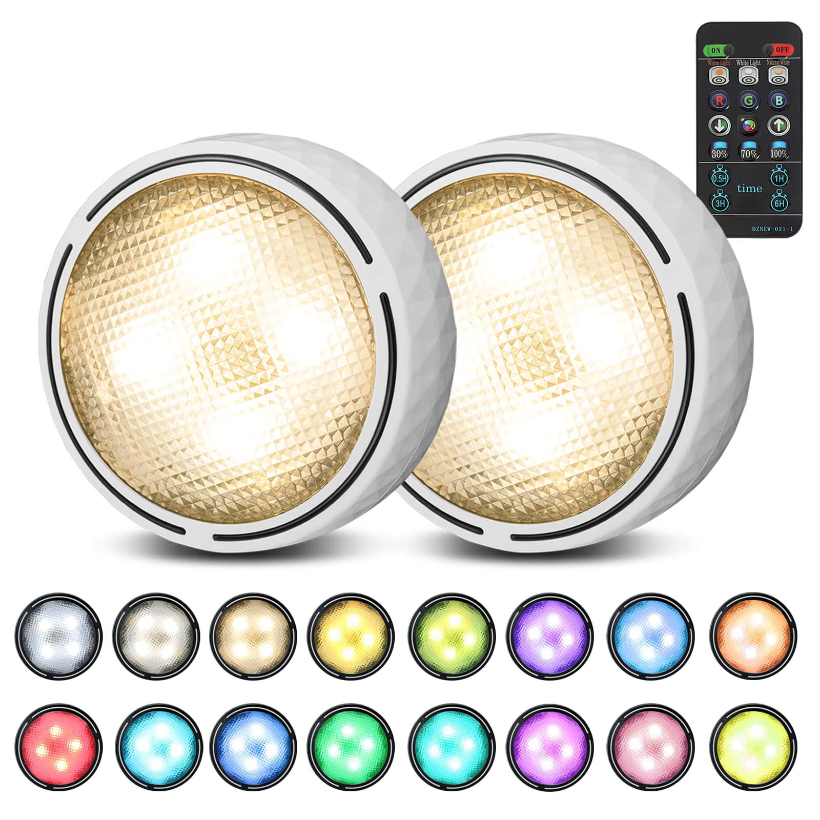 Onumii Wireless LED Puck Lights with Remote - Battery Operated Under Cabinet Lighting, Color Changing Timer Tap Lights for Kitchen, Closet, Shelf & Display Case (2 Pack, White) - Perfect for Home, Office & Commercial Spaces