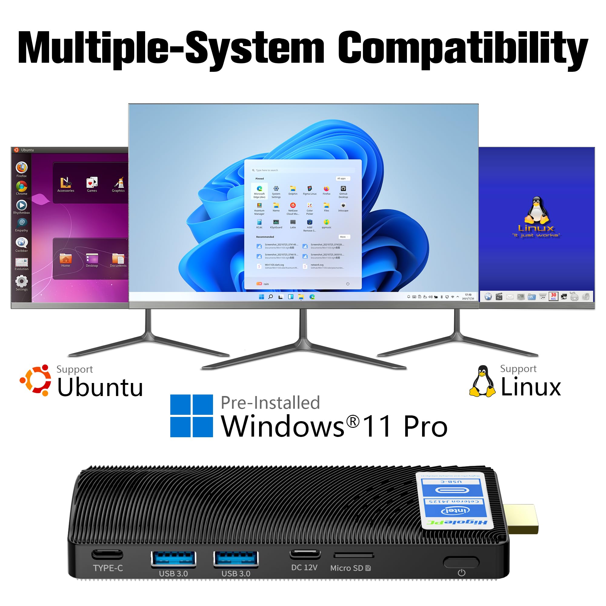 Fanless Mini PC Stick with Intel Celeron J4125 | 8GB RAM 256GB SSD | 4K 60Hz HDMI | USB PD3.0 | Gigabit Ethernet | WiFi 5 | Ideal for Business, Industrial, Office & Home Entertainment Use