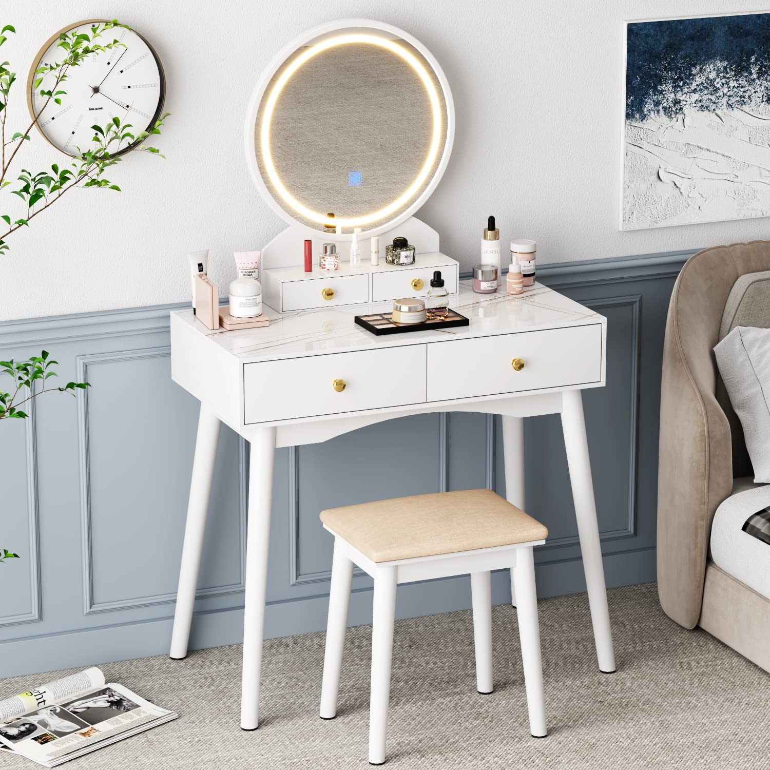 Furmax Modern Vanity Desk with LED Lighted Mirror, Makeup Vanity Table Set with Soft Cushioned Stool, 4 Storage Drawers & Adjustable Brightness - White | Perfect for Bedroom, Dressing Room & Beauty Salon
