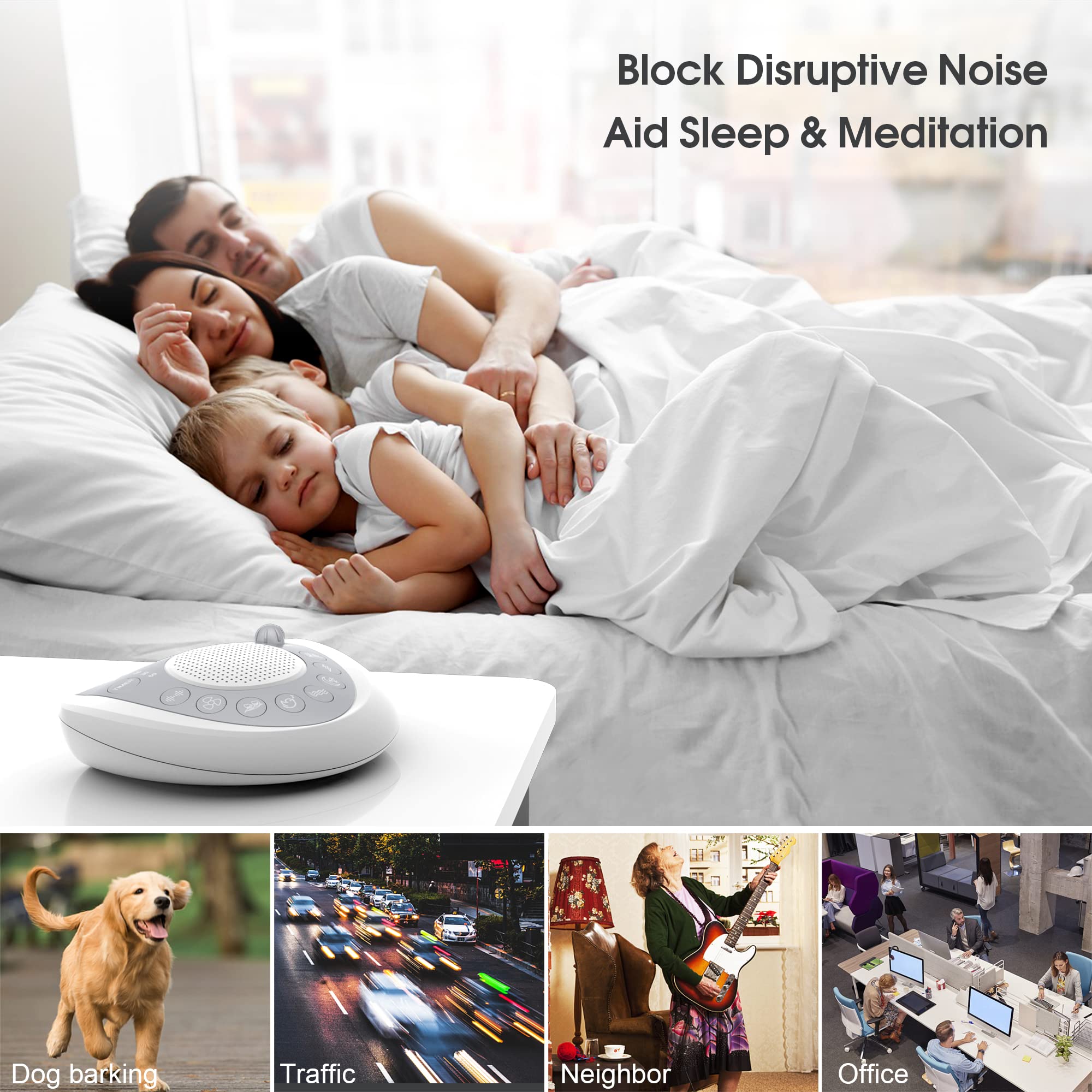 Rechargeable White Noise Machine for Adults & Portable Sound Soother - Perfect for Sleeping, Travel, and Baby Nursery (White & Silver)