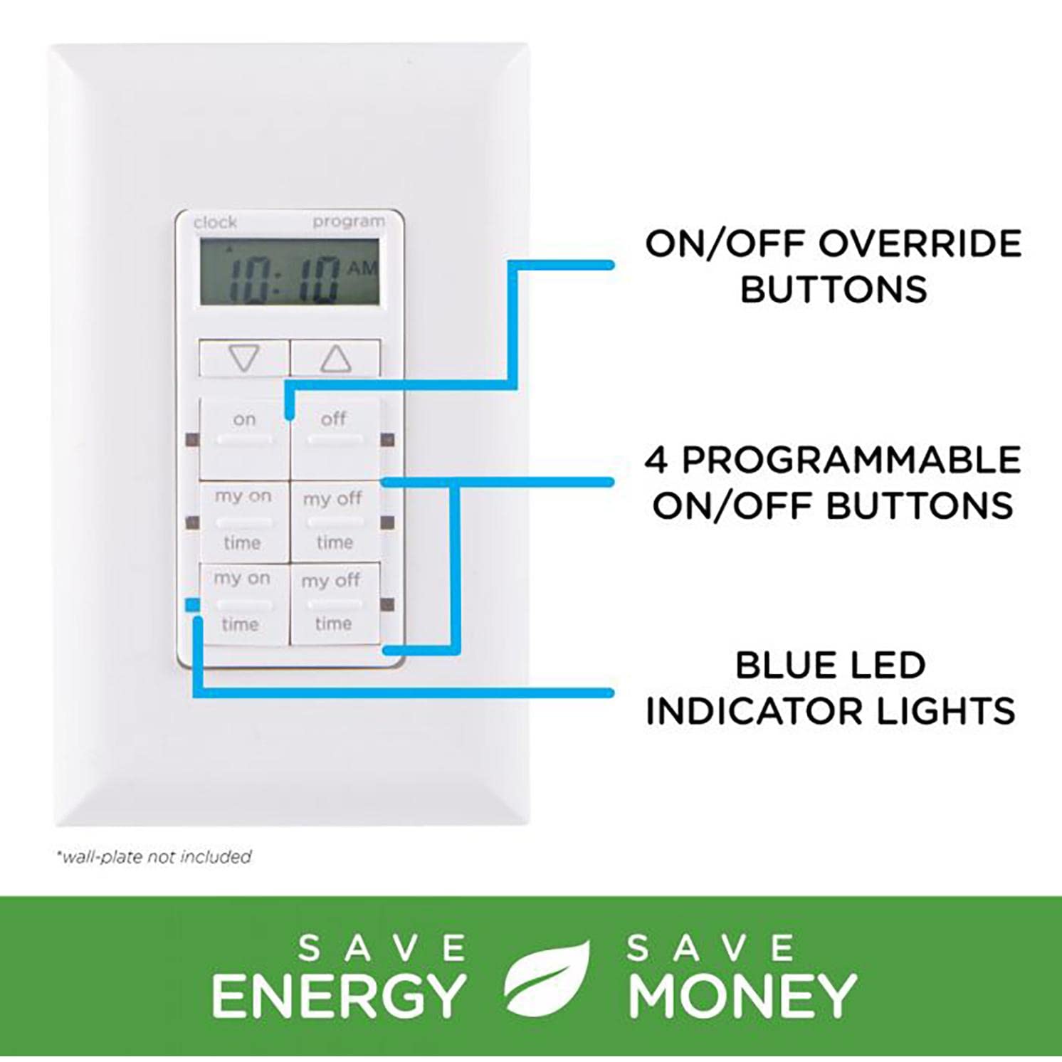 myTouchSmart In-Wall Digital Timer - 4 Programmable & 2 Quick On/Off Buttons, 24-Hour Cycle with Blue LED Display & Battery Backup - Perfect for Indoor/Outdoor Lights, Fans, Holiday Decorations & Home Automation (Model 26893)