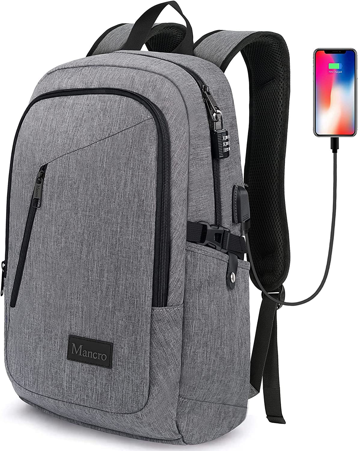 Mancro Anti-Theft Laptop Backpack for Men - 17 Inch Business Travel Backpack with USB Charging Port & Lock, Water Resistant Computer Bag for Work, School & Commuting - Grey
