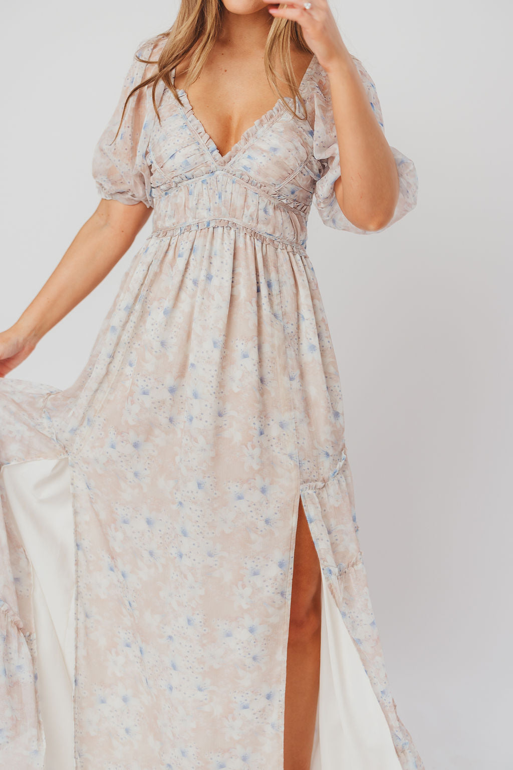 Bump Friendly & Inclusive Sizing Floral Maxi Dress for Women - Beige Blue Daphne Style (S-3XL) | Perfect for Maternity, Beach Vacations & Summer Weddings