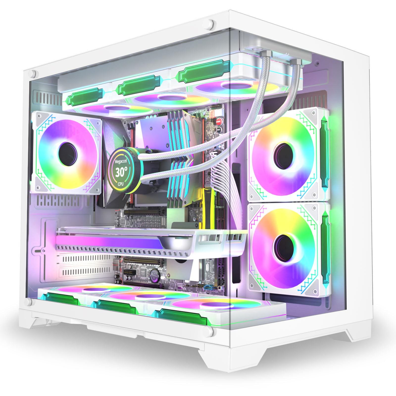 Micro ATX PC Case with 6 Pre-Installed ARGB Fans, USB Type-C, 360mm Radiator Support & Tempered Glass Panels - White Mid Tower Gaming Computer Case (Not for ATX) - Perfect for Compact Gaming Rigs, Streaming Setups & Home Office Workstations