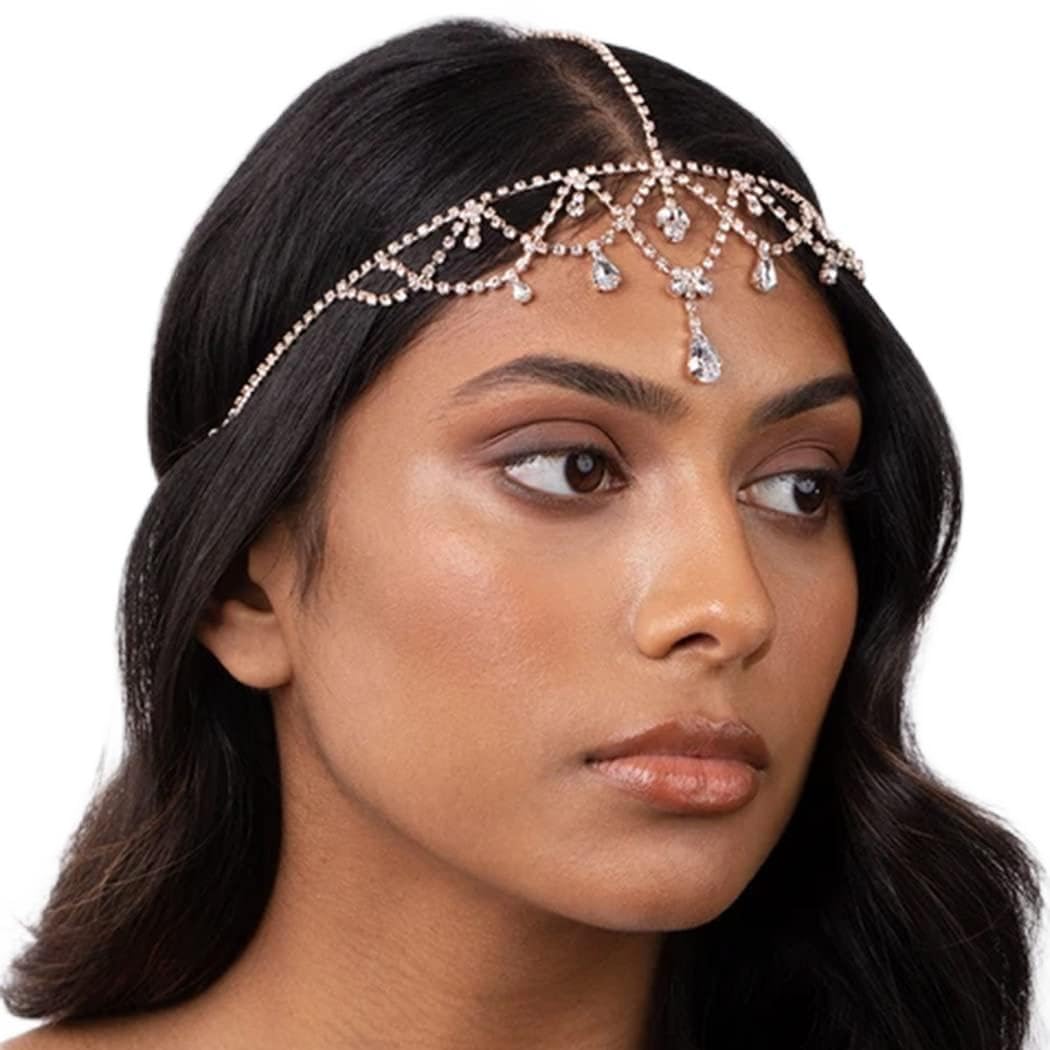 Crystal Head Chain Jewelry - Rhinestone Wedding Hair Accessories for Brides | Teardrop Headband for Women (Gold) | Perfect for Weddings, Prom, Parties & Special Occasions