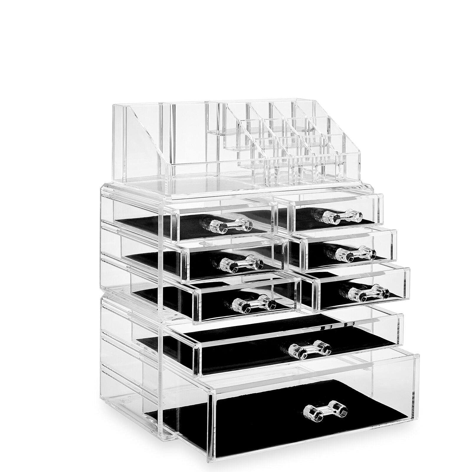 3-Piece Acrylic Cosmetic & Jewelry Organizer Set - Clear Makeup Storage Drawer Box with Display Case | Perfect for Bathroom Countertops, Vanity Tables & Dresser Organization